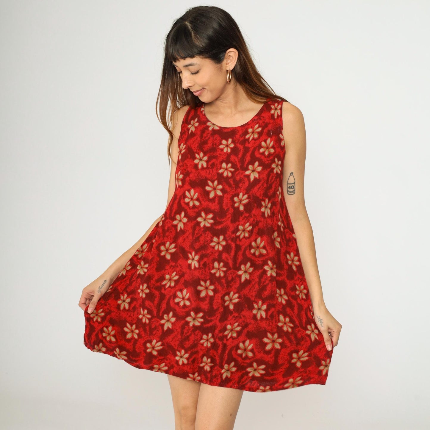 90s Red Floral Hawaiian Mini Dress Sleeveless A-Line Sundress Small