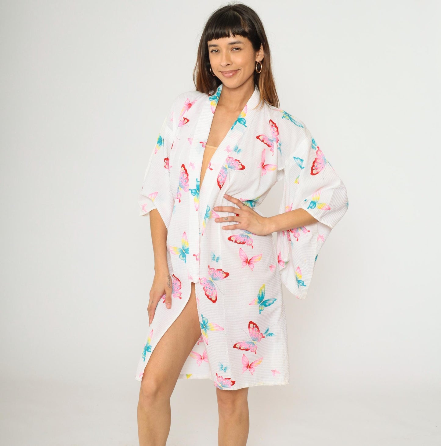 70s Butterfly Kimono Robe White Open Front Half-Sleeve Dressing Gown Small