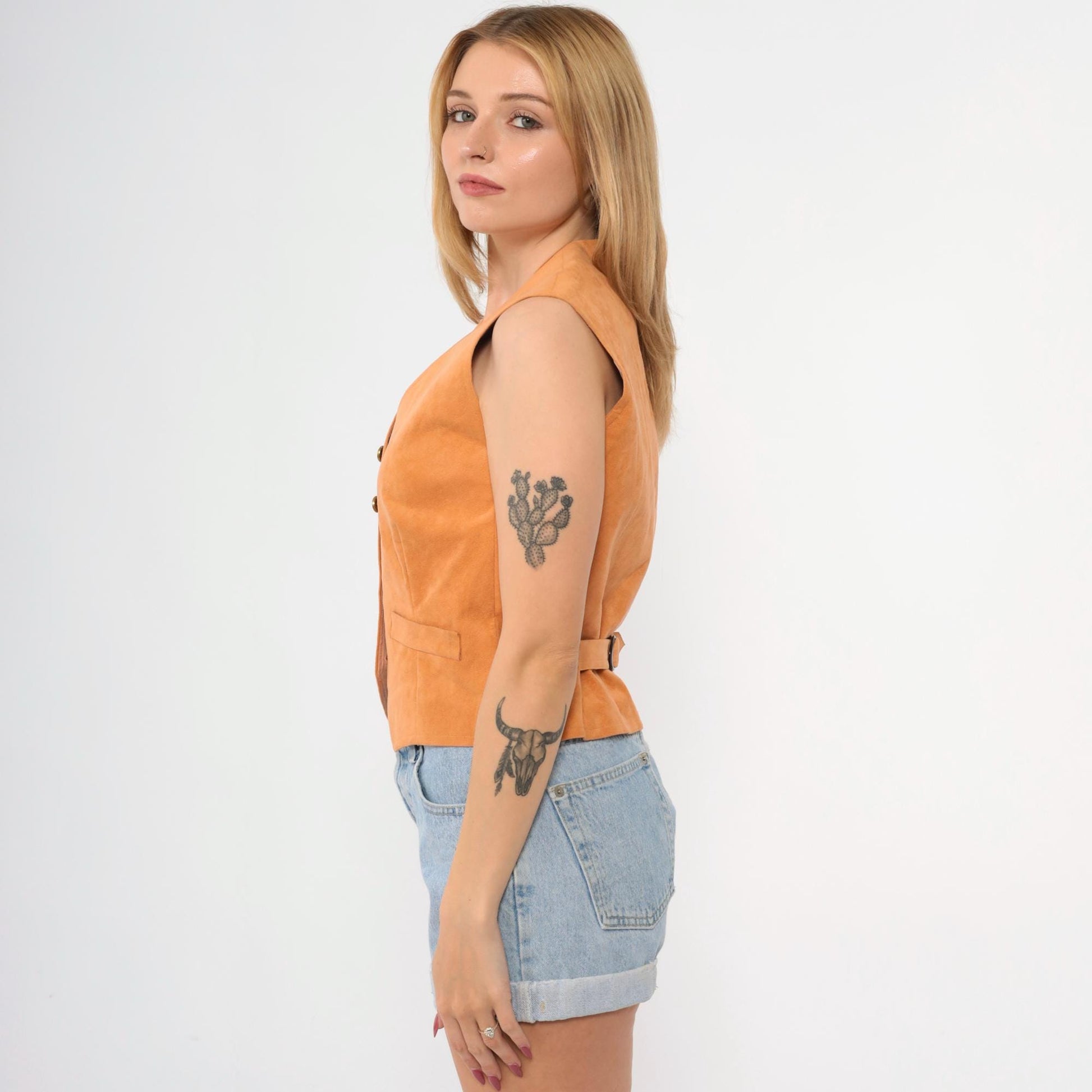 80s Orange Faux Suede Vest Button-Up Tailored Sleeveless Small
