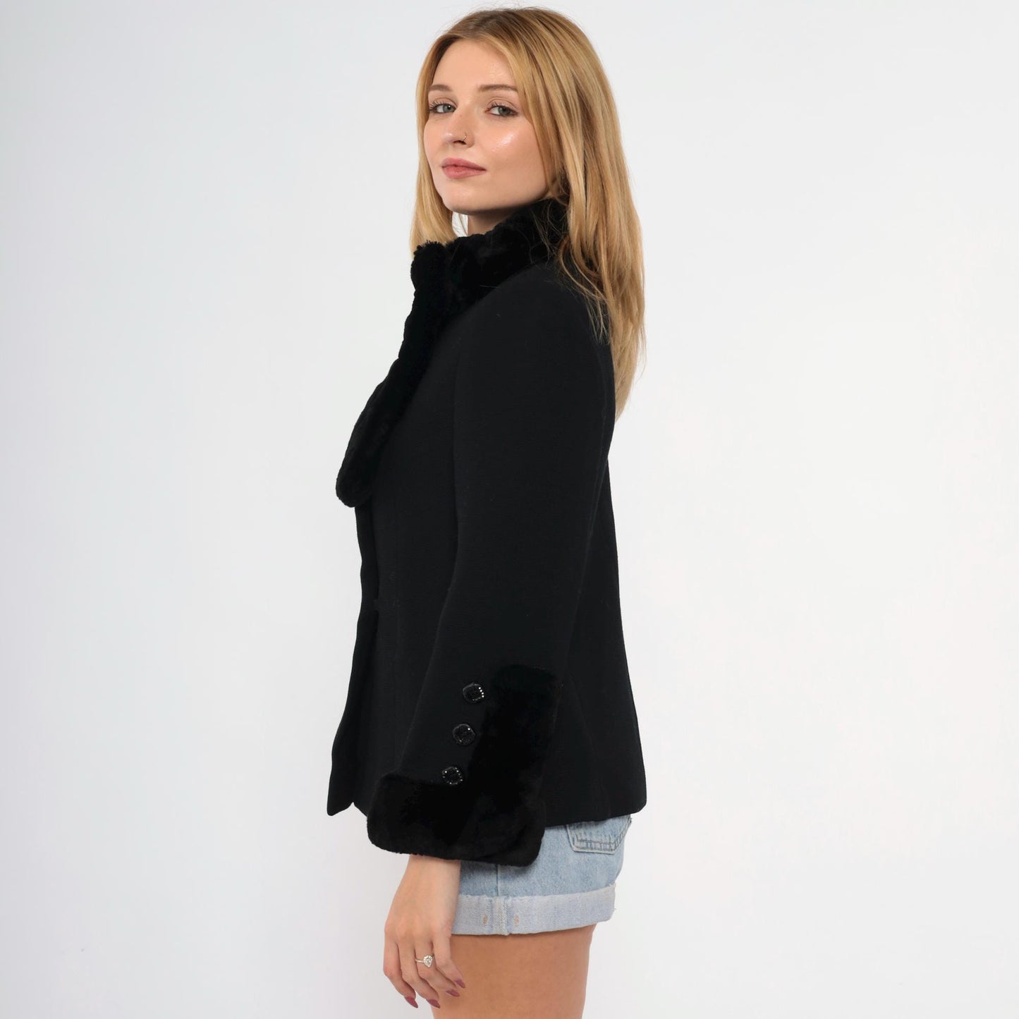 60s Black Faux Fur Trim Jacket Asymmetrical Button Mod Coat Extra Small