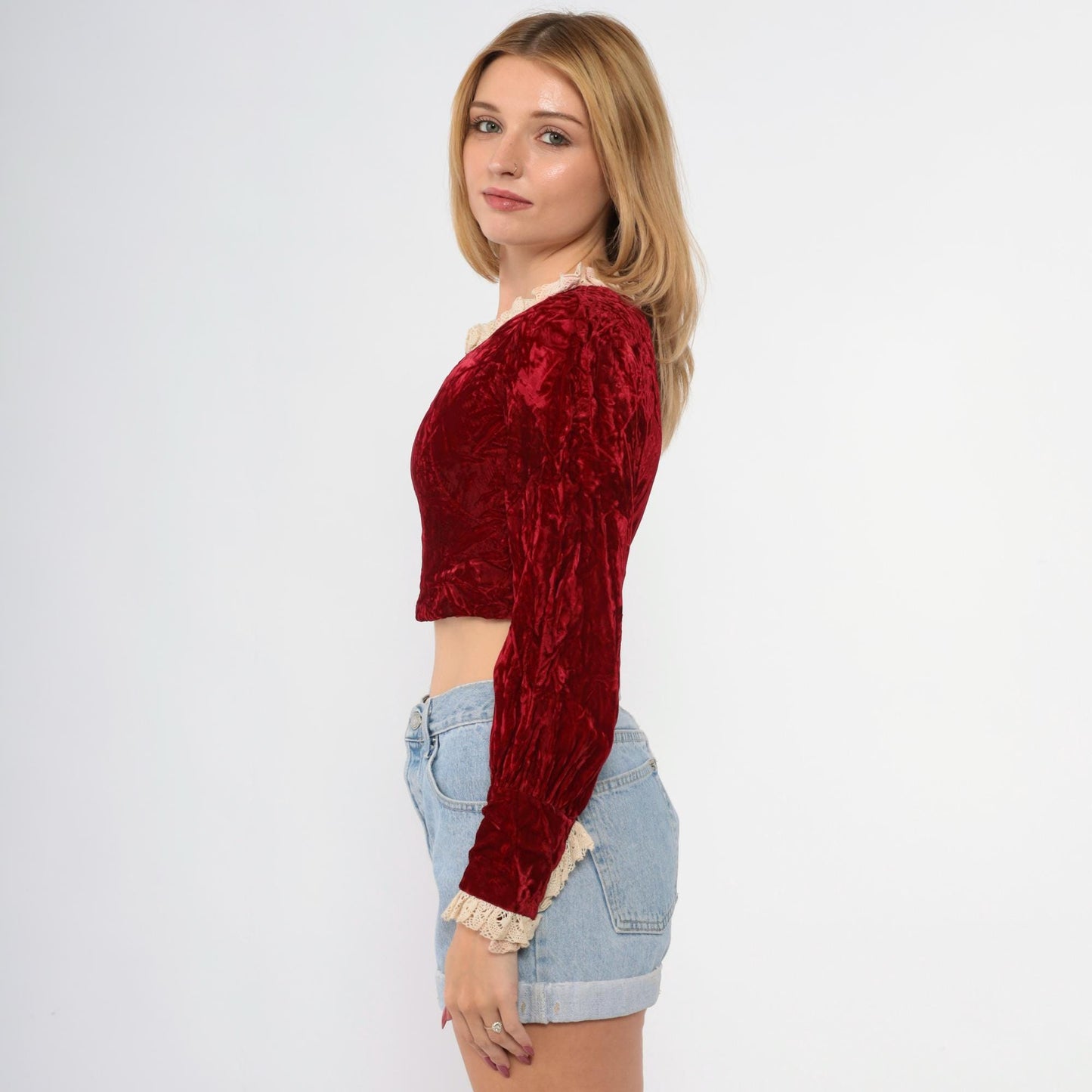 60s Red Velvet Crop Top Lace Trim Puff Sleeve Blouse Extra Small