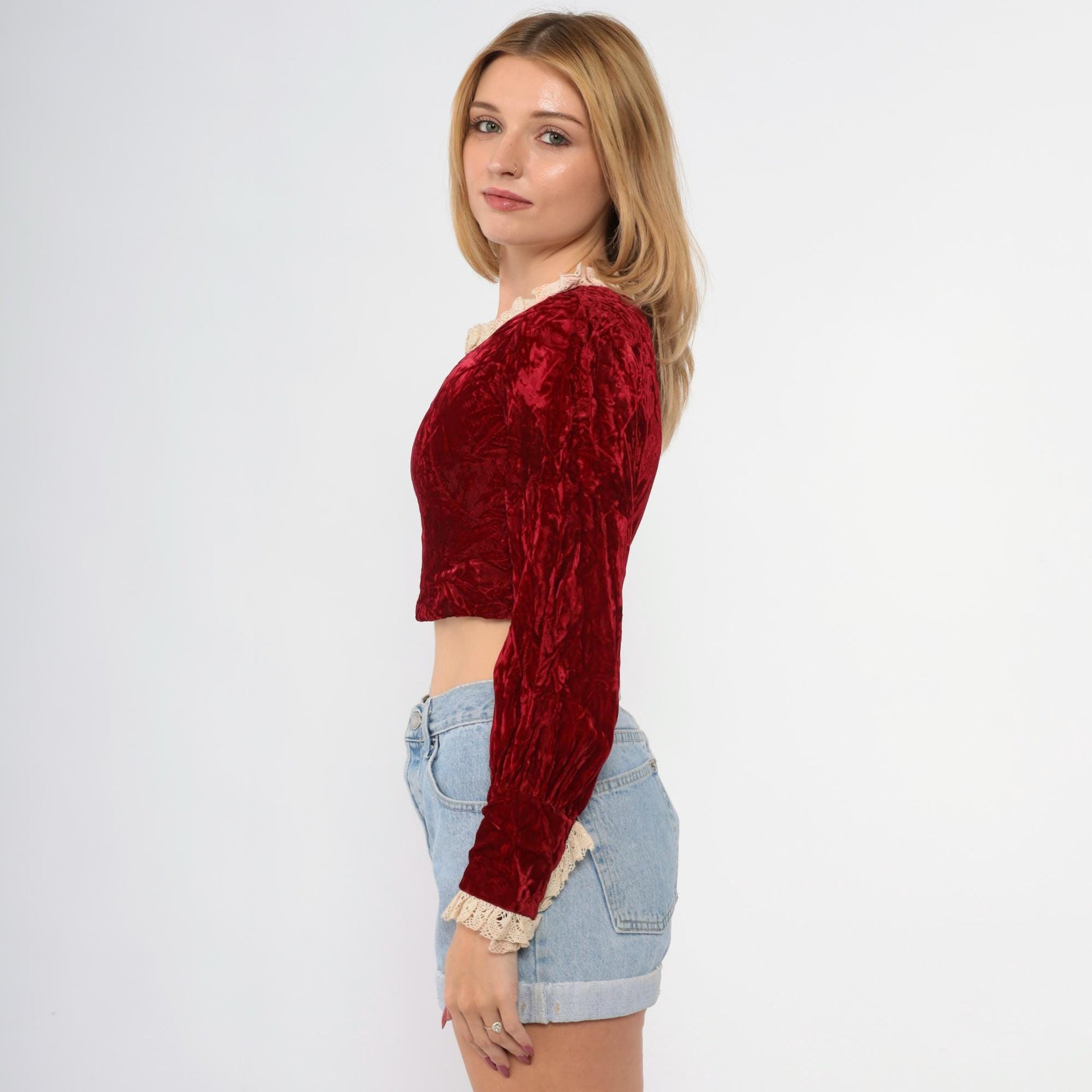 60s Red Velvet Crop Top Lace Trim Puff Sleeve Blouse Extra Small