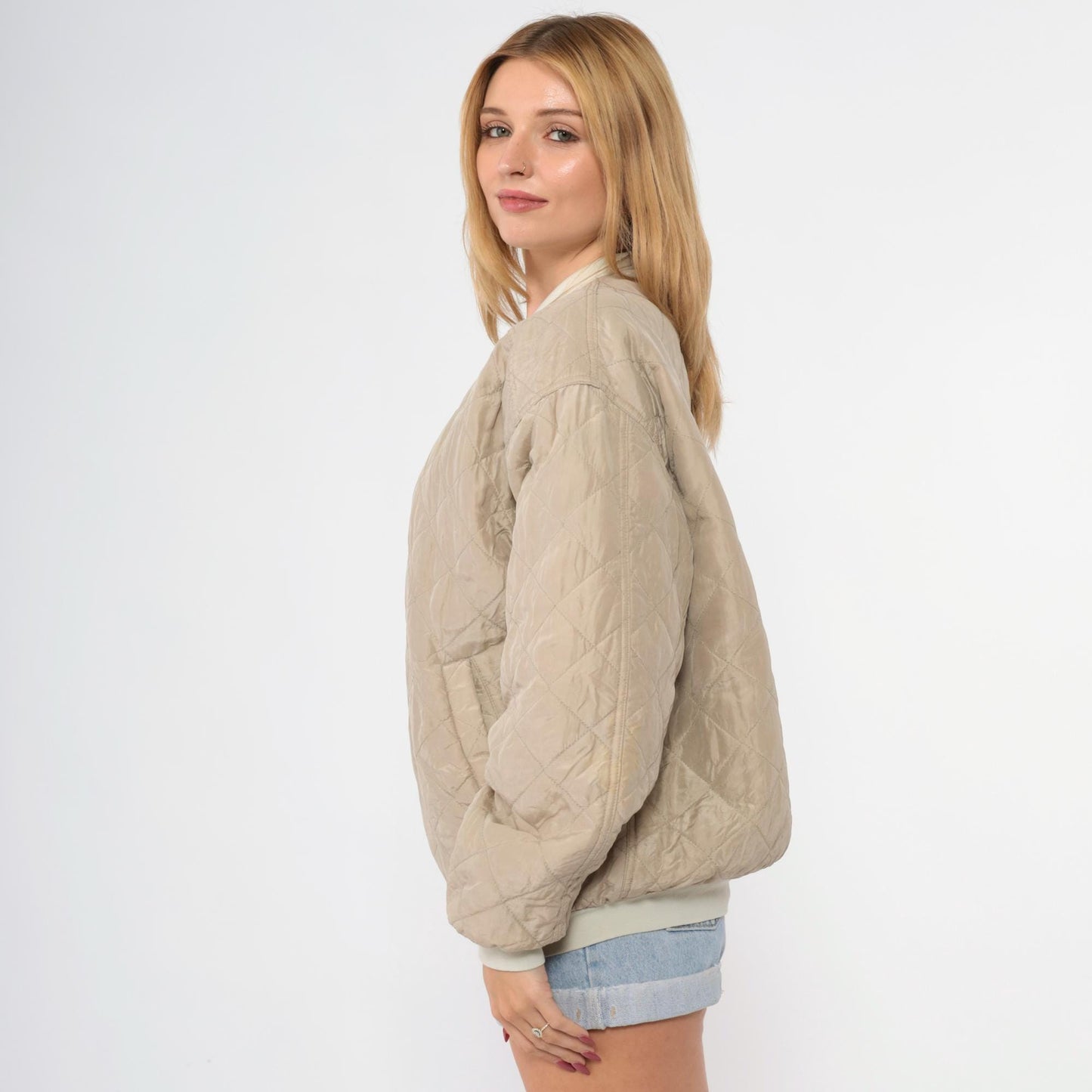 90s Taupe Quilted Silk Bomber Jacket Zip-Up Windbreaker Large L