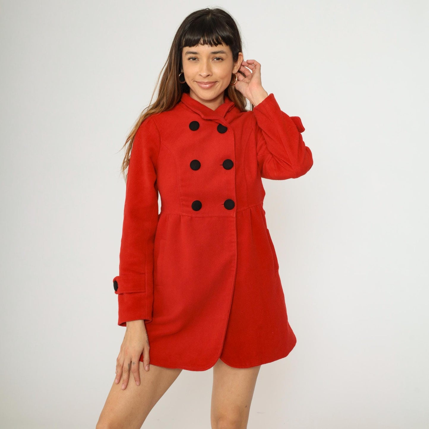 90s Red Wool Peacoat Double Breasted Princess Seams XXS