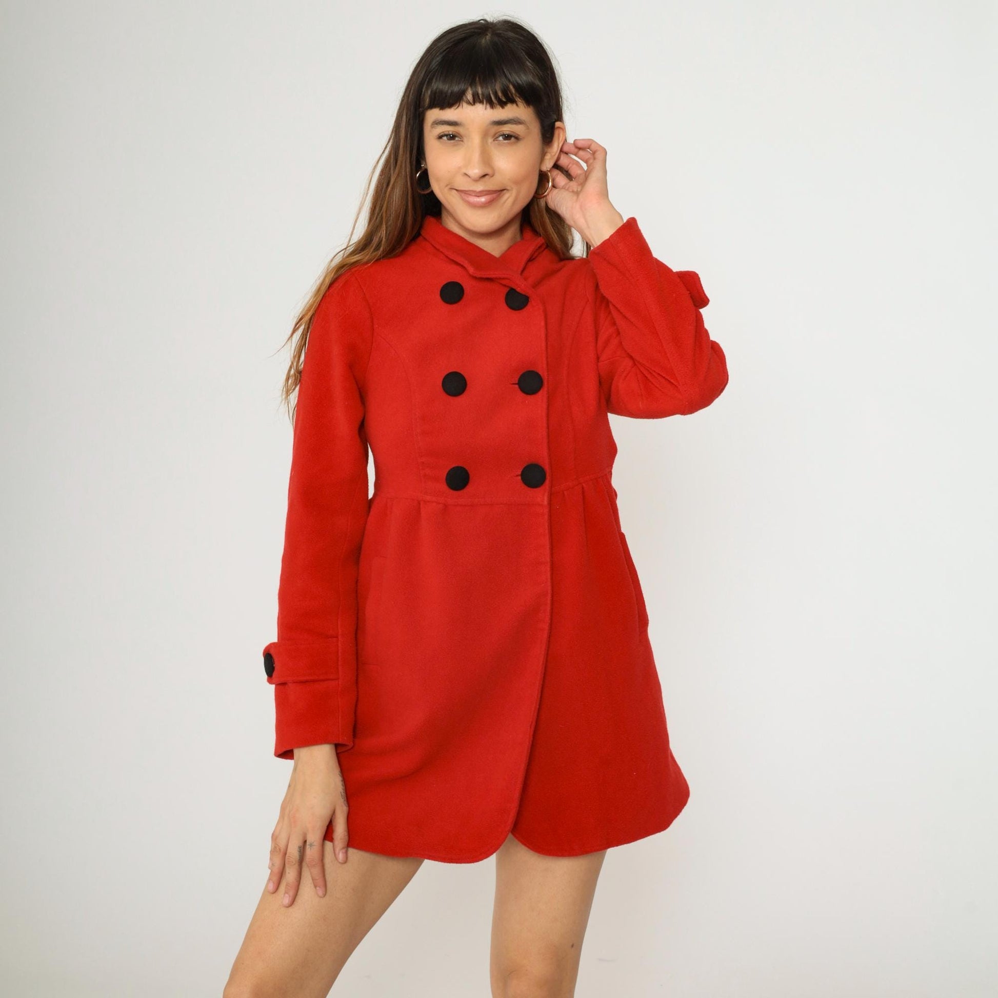 90s Red Wool Peacoat Double Breasted Princess Seams XXS