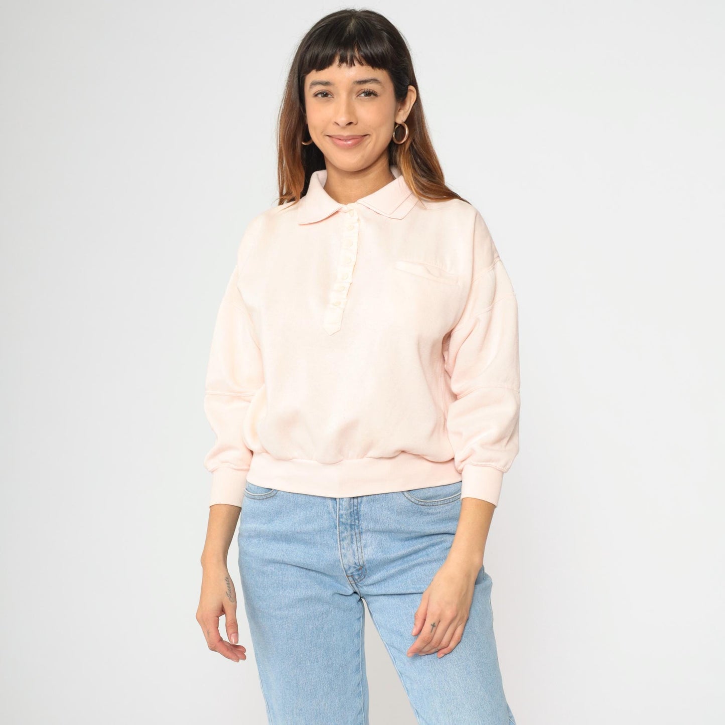 80s Baby Pink Polo Sweatshirt Vintage Collared Quarter-Snap Pullover Small