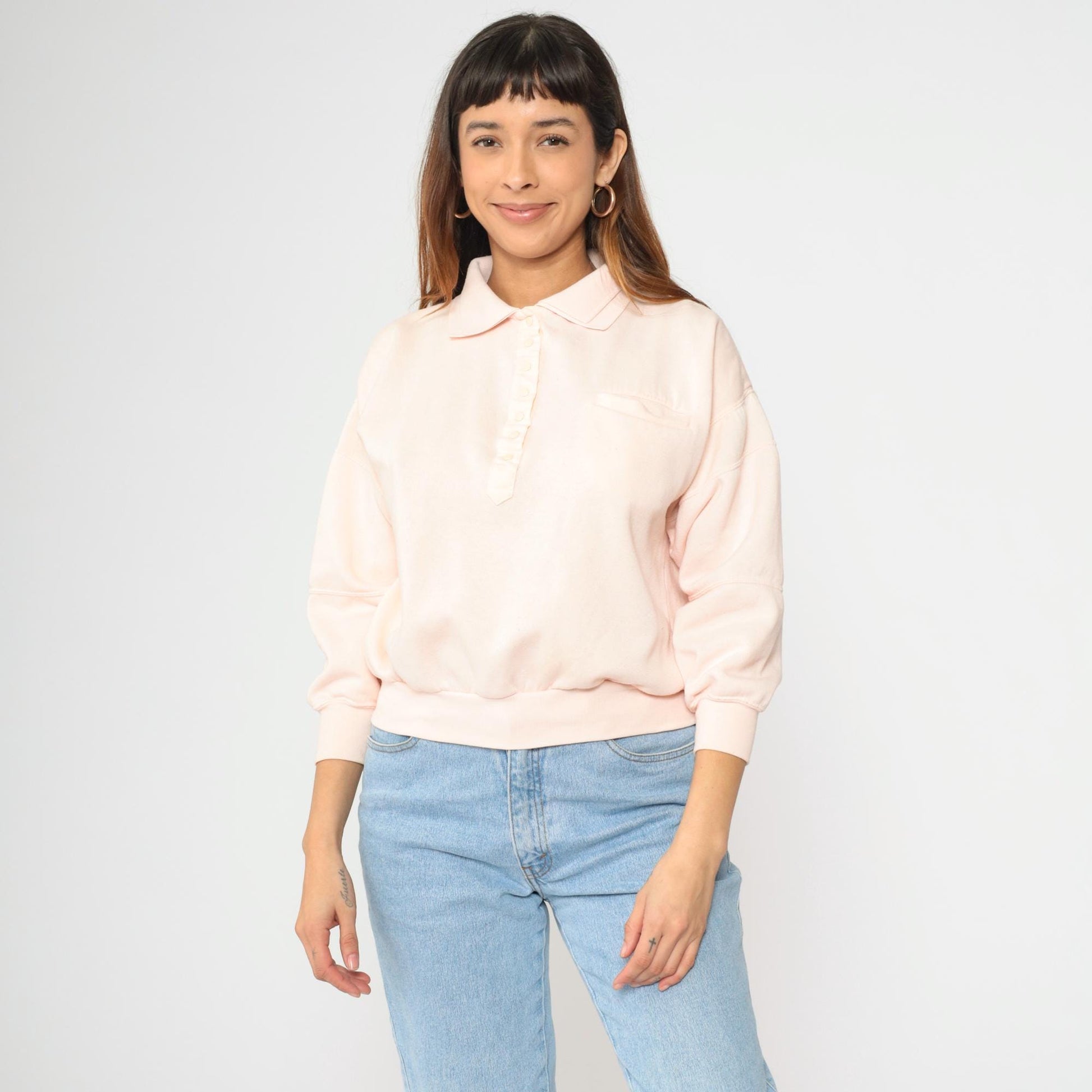 80s Baby Pink Polo Sweatshirt Vintage Collared Quarter-Snap Pullover Small