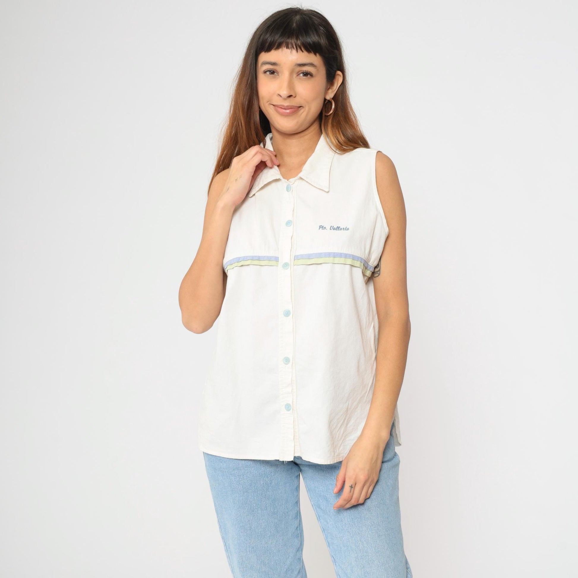 90s Puerto Vallarta White Striped Sleeveless Button-Up Blouse Extra Large