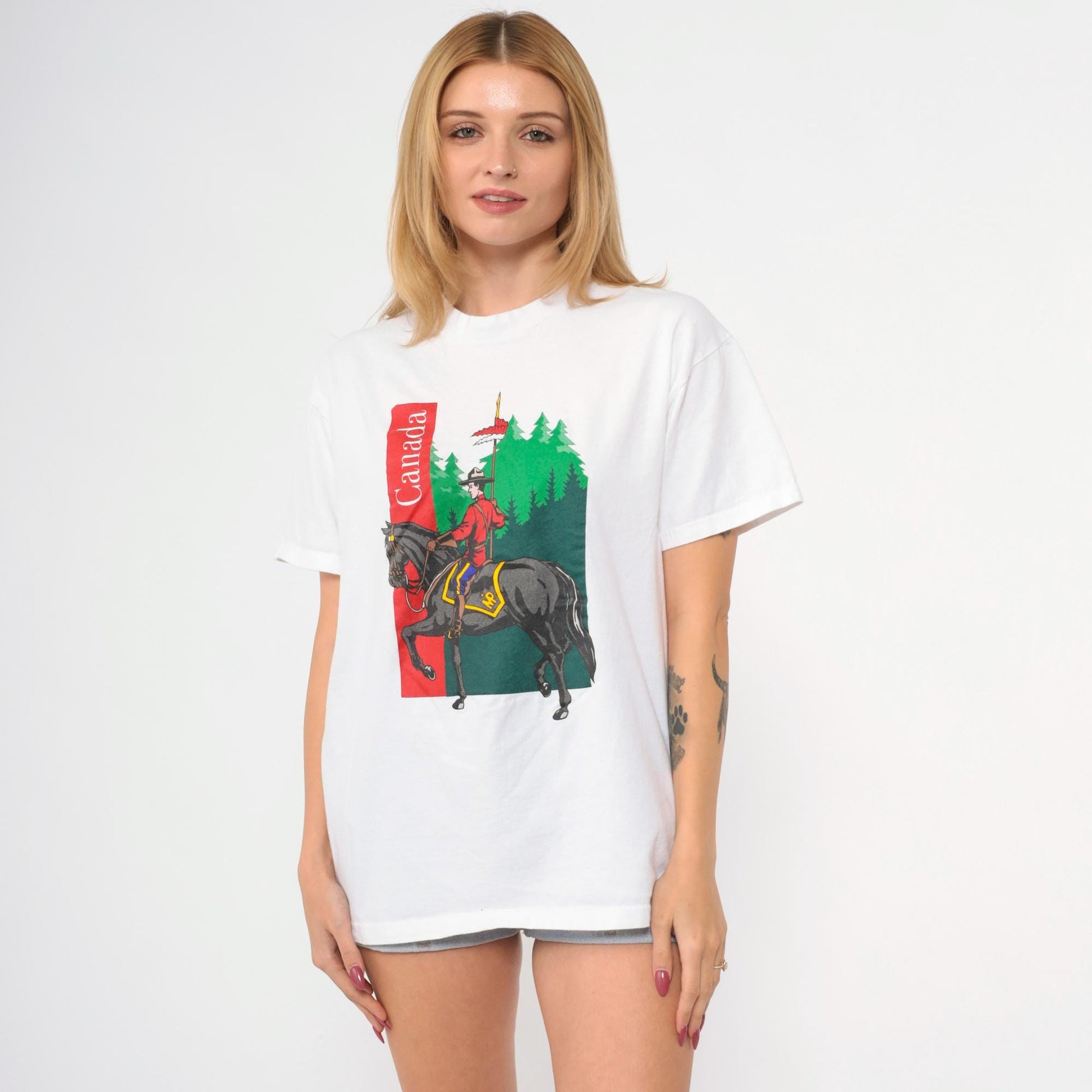 90s RCMP Country Canada Mountie Graphic T-Shirt White Cotton Medium M
