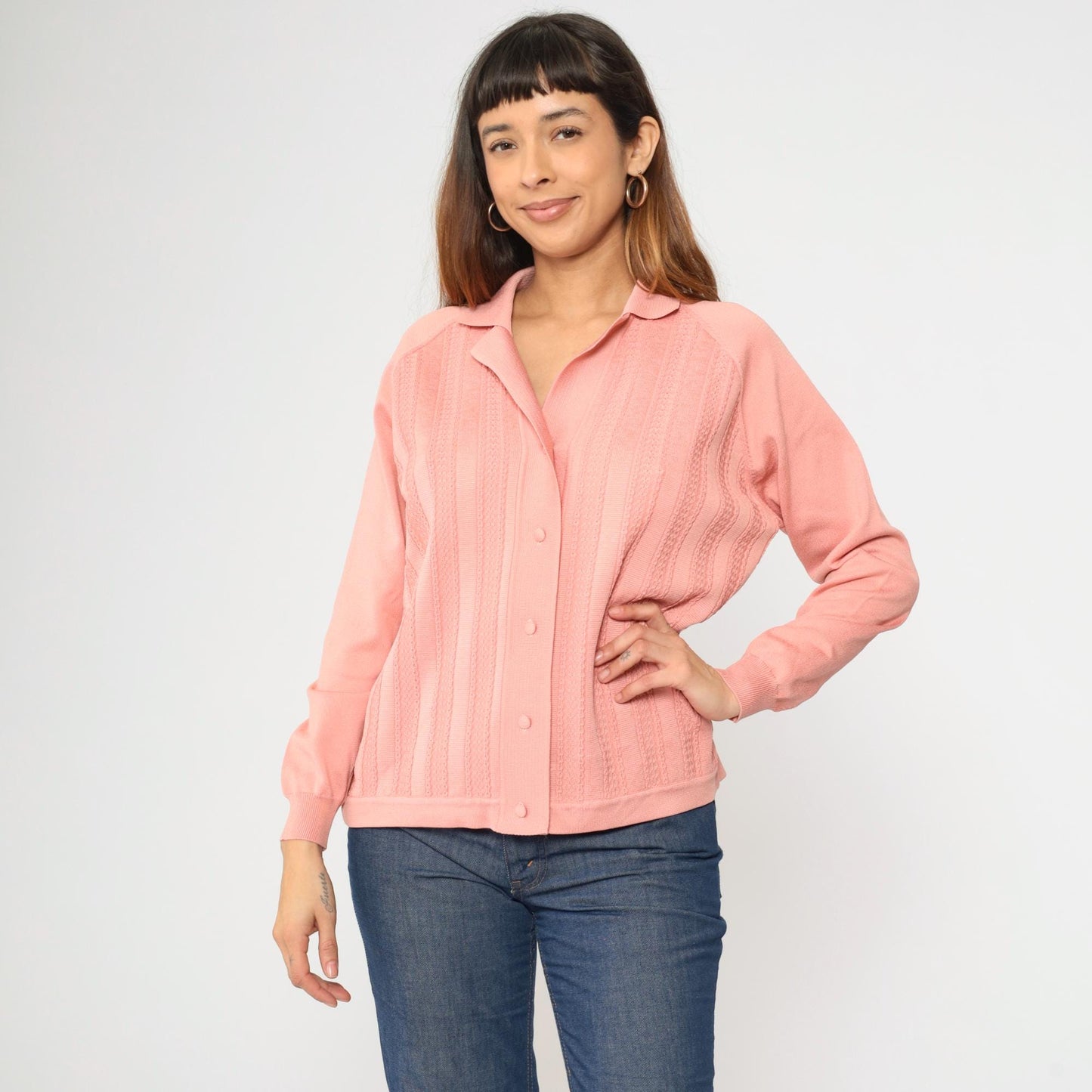 70s Pink Textured Cardigan Sweater Raglan Collar Button-Up Medium