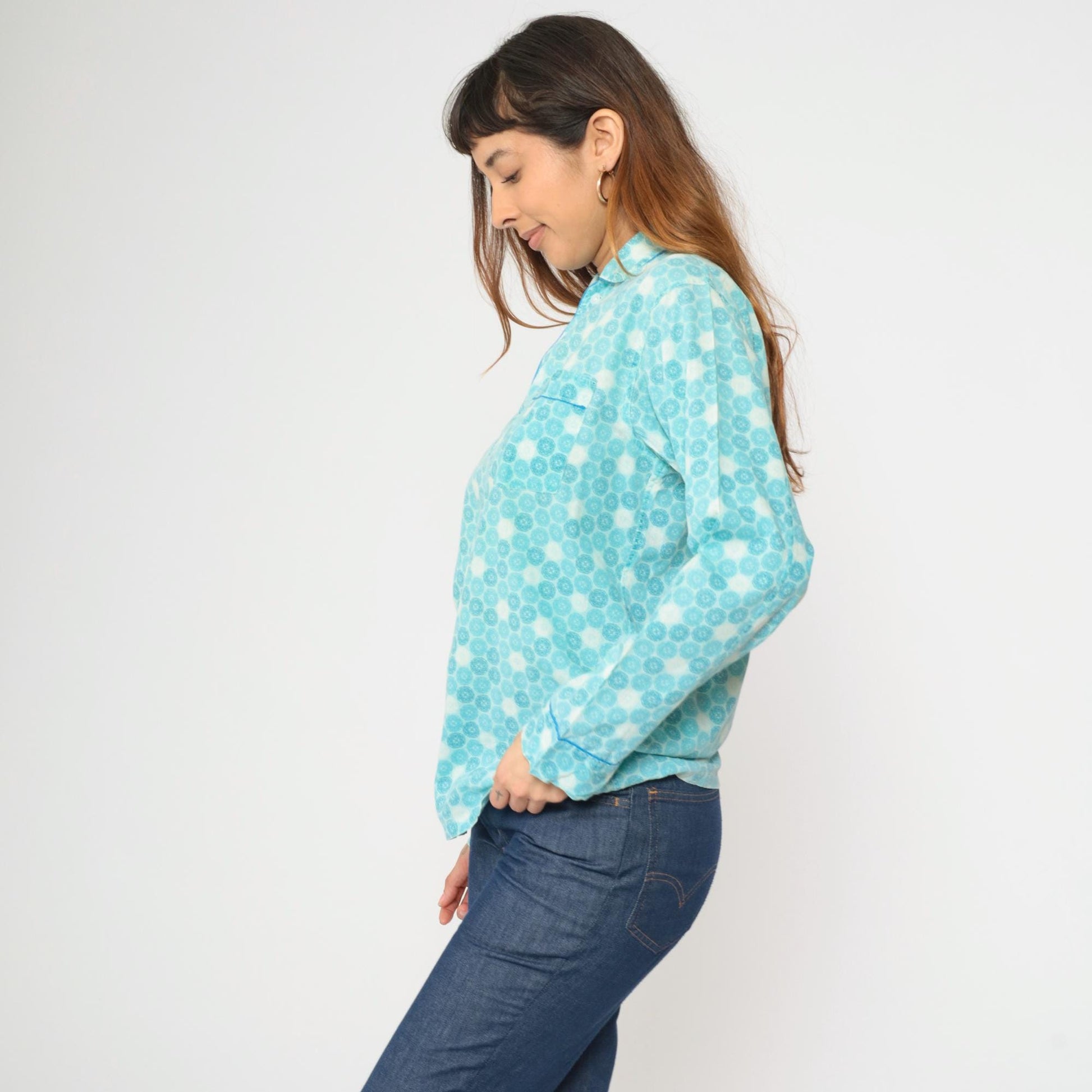 70s Kaynee Endura Press Pajama Shirt Blue Geometric Mandala Medium