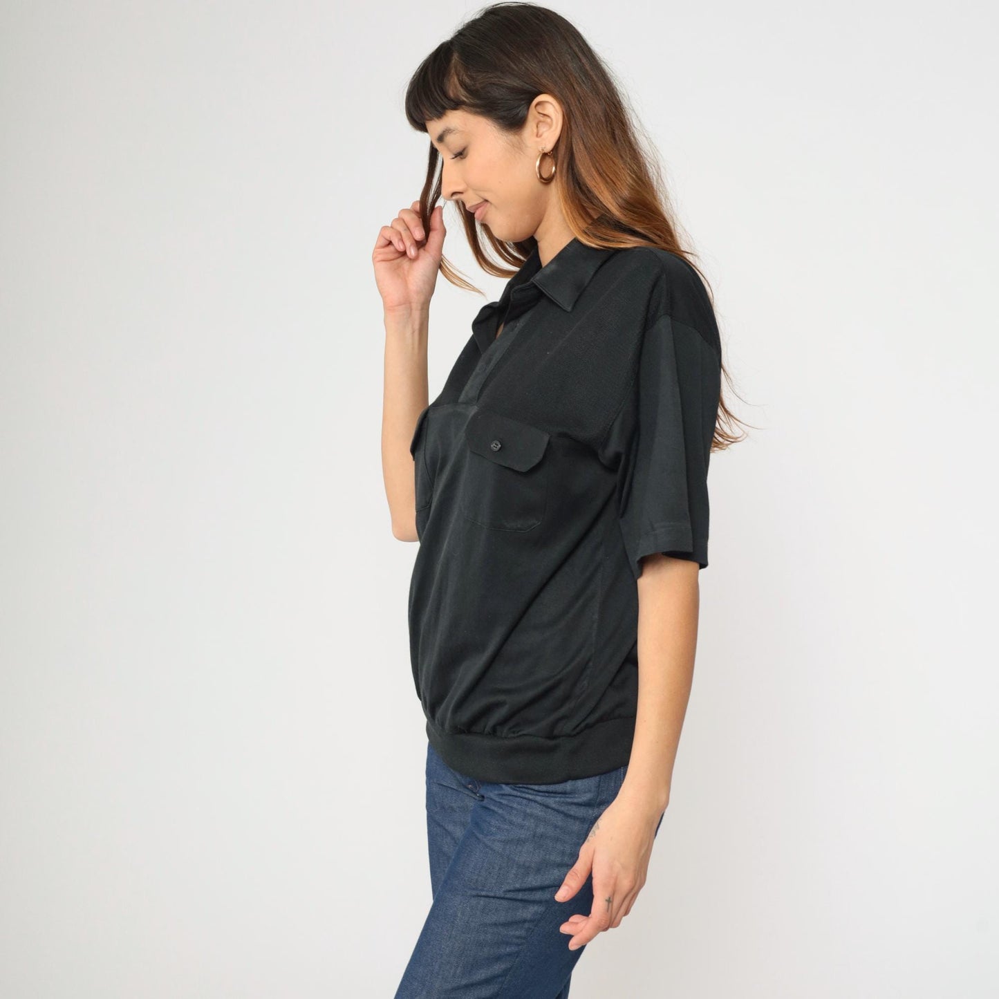90s Black Polo Shirt Quarter Button Knit Yoke Banded Hem Men's Large L