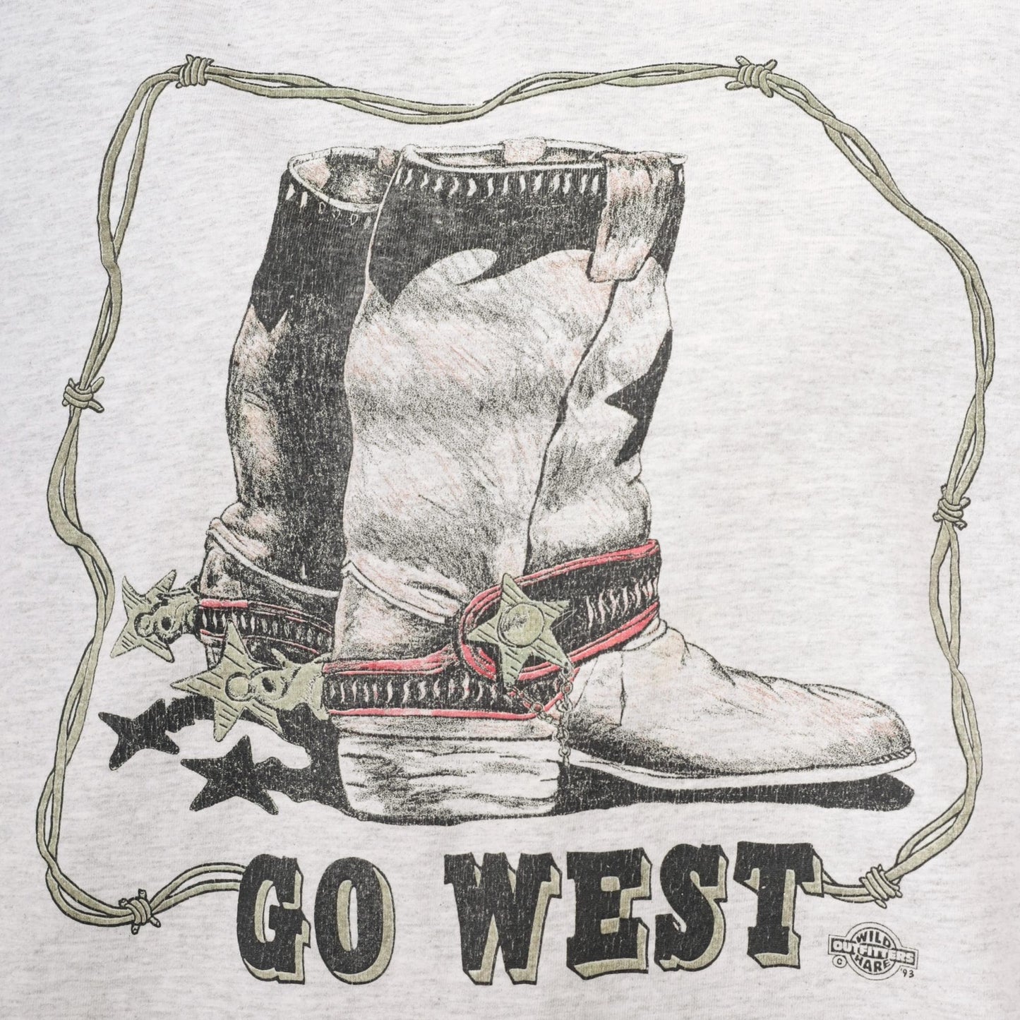 90s Go West Cowboy Boot Graphic T-Shirt Burgundy Cuffed Sleeve Grey Extra Large