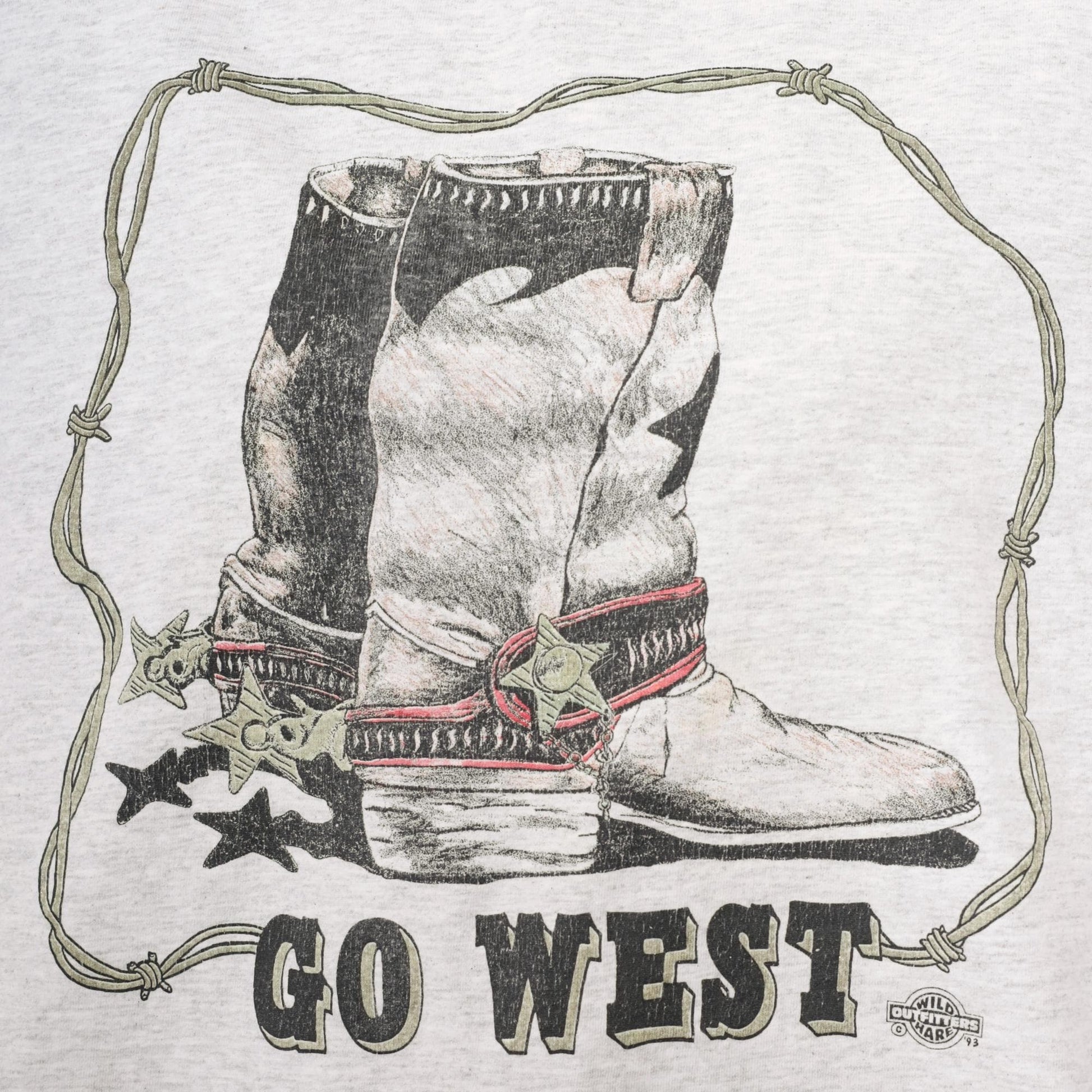 90s Go West Cowboy Boot Graphic T-Shirt Burgundy Cuffed Sleeve Grey Extra Large