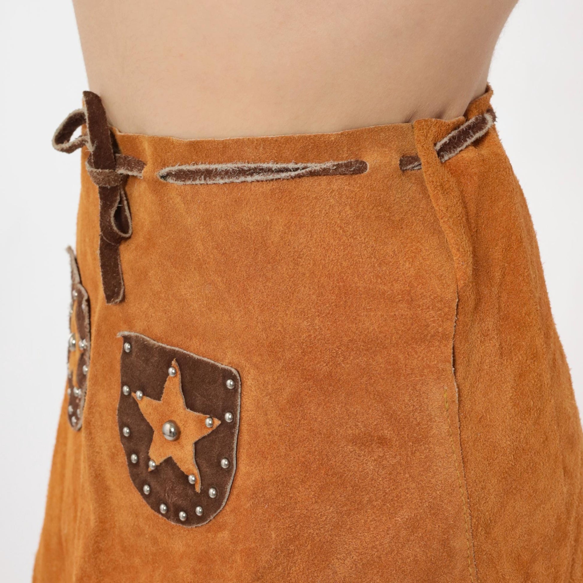90s Brown Suede Fringe Mini Skirt Studded Star Drawstring Waist Extra Small
