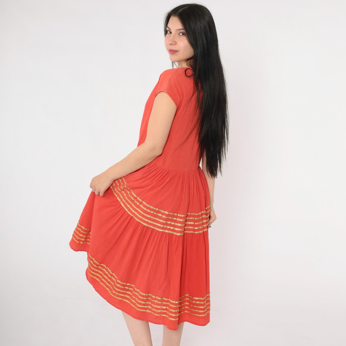 1950s Thunderbird Fashions Orange Crinkle Cotton Patio Dress Square Neckline Medium
