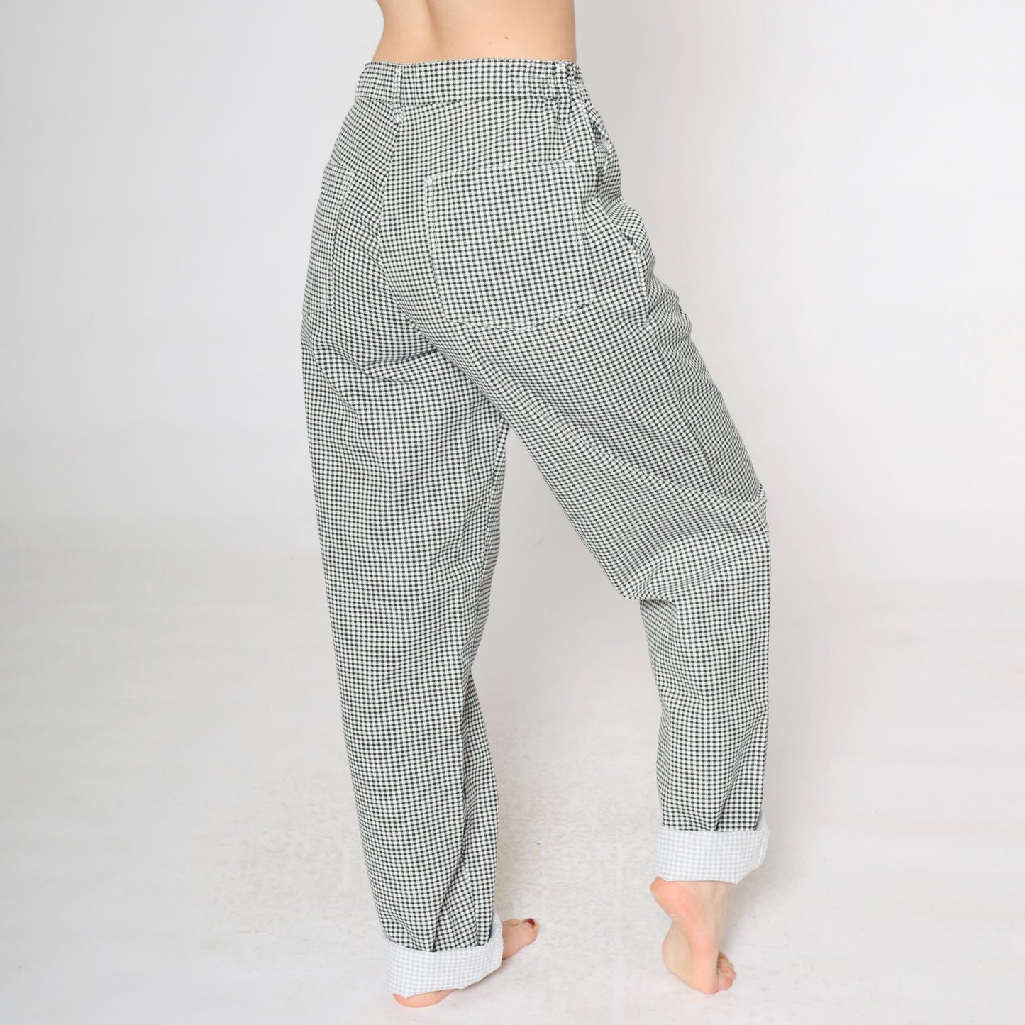 90s Black White Gingham Tapered Trousers High Waist Small S