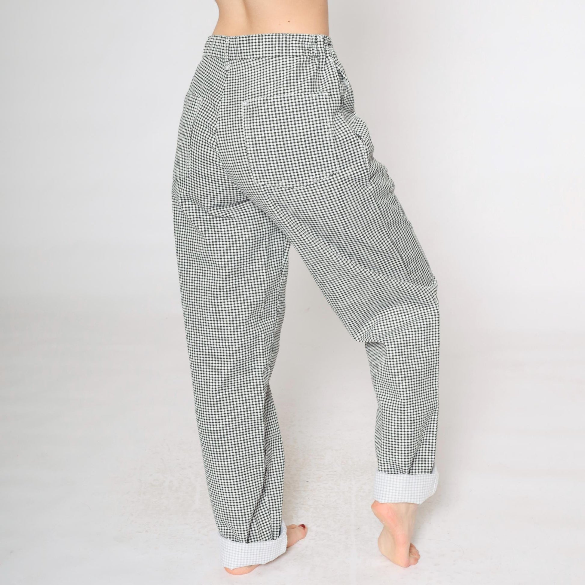 90s Black White Gingham Tapered Trousers High Waist Small S