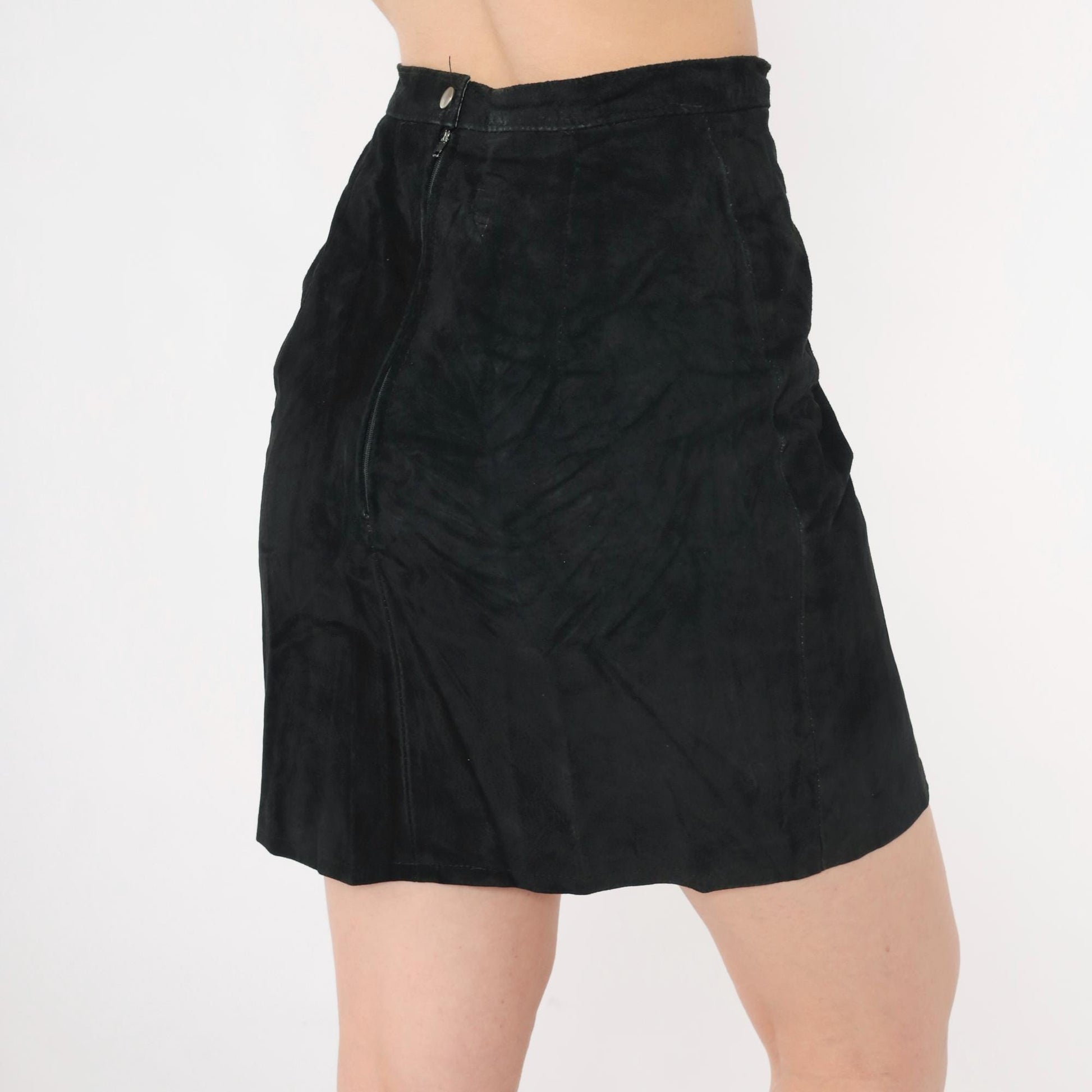 80s Black Suede Mini Skirt High Waisted Bodycon XS