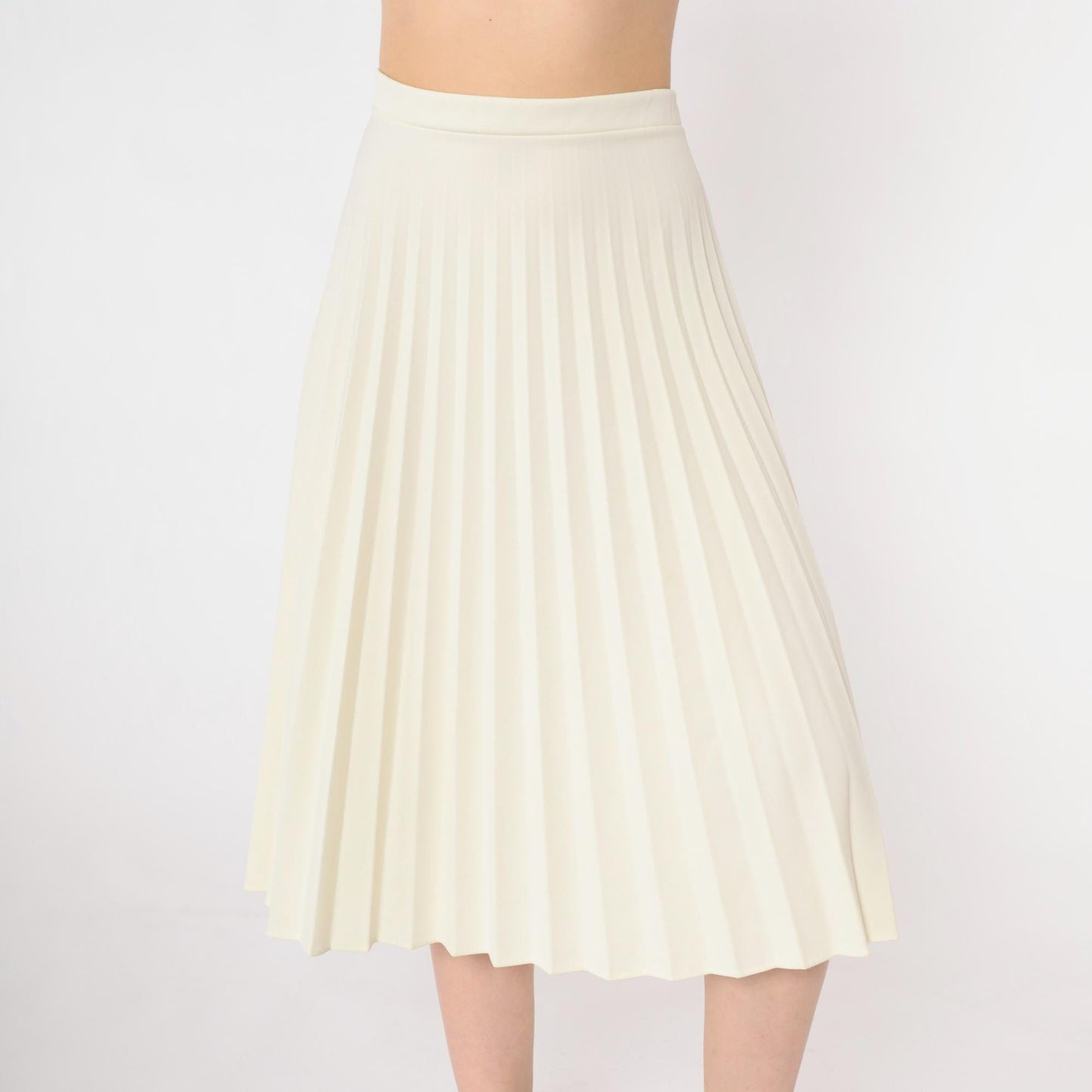 70s Cream Pleated Midi Skirt High Waist Elastic Large L
