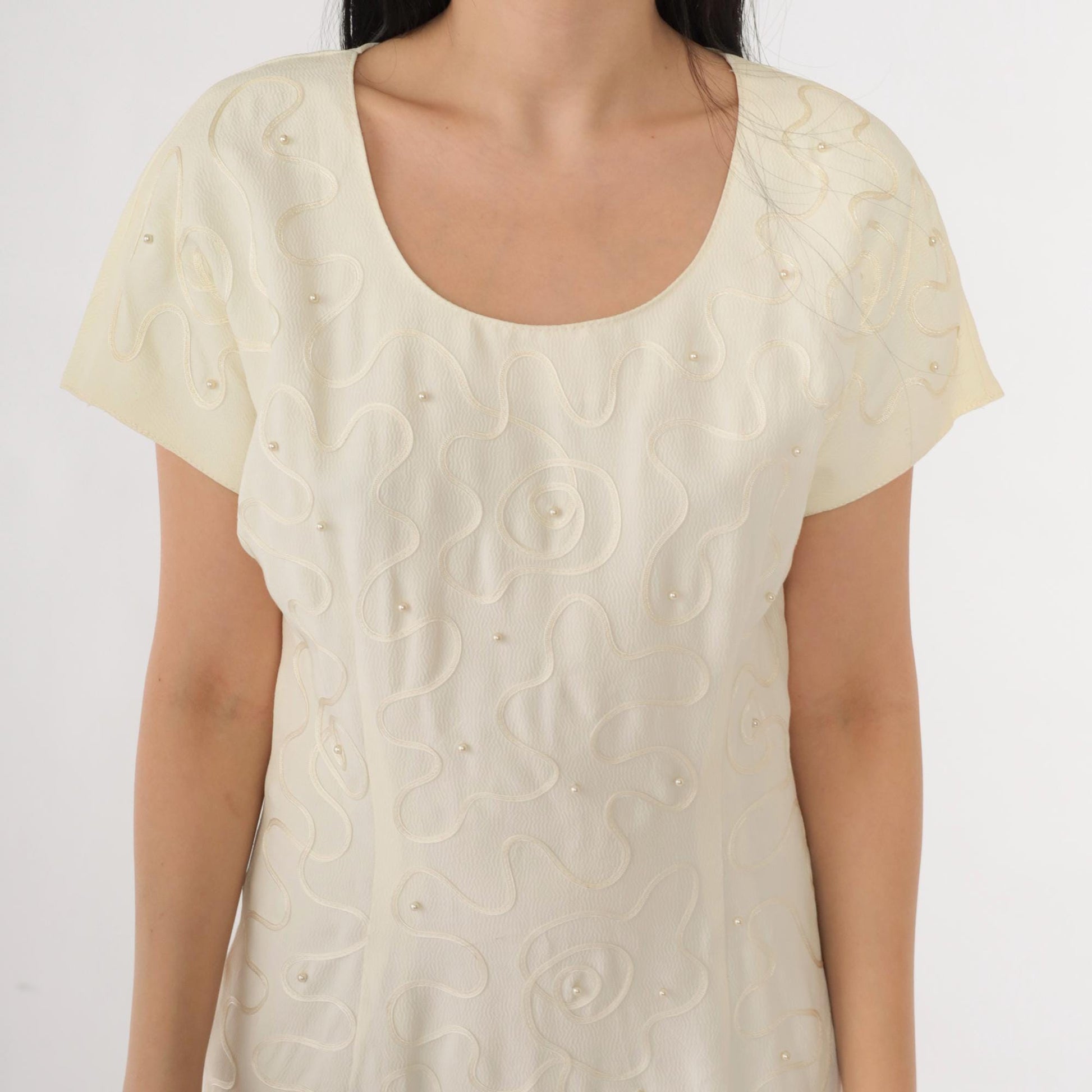 90s Donna Ricco Cream Pearl Beaded Soutache Mini Dress Scoop Neck Small