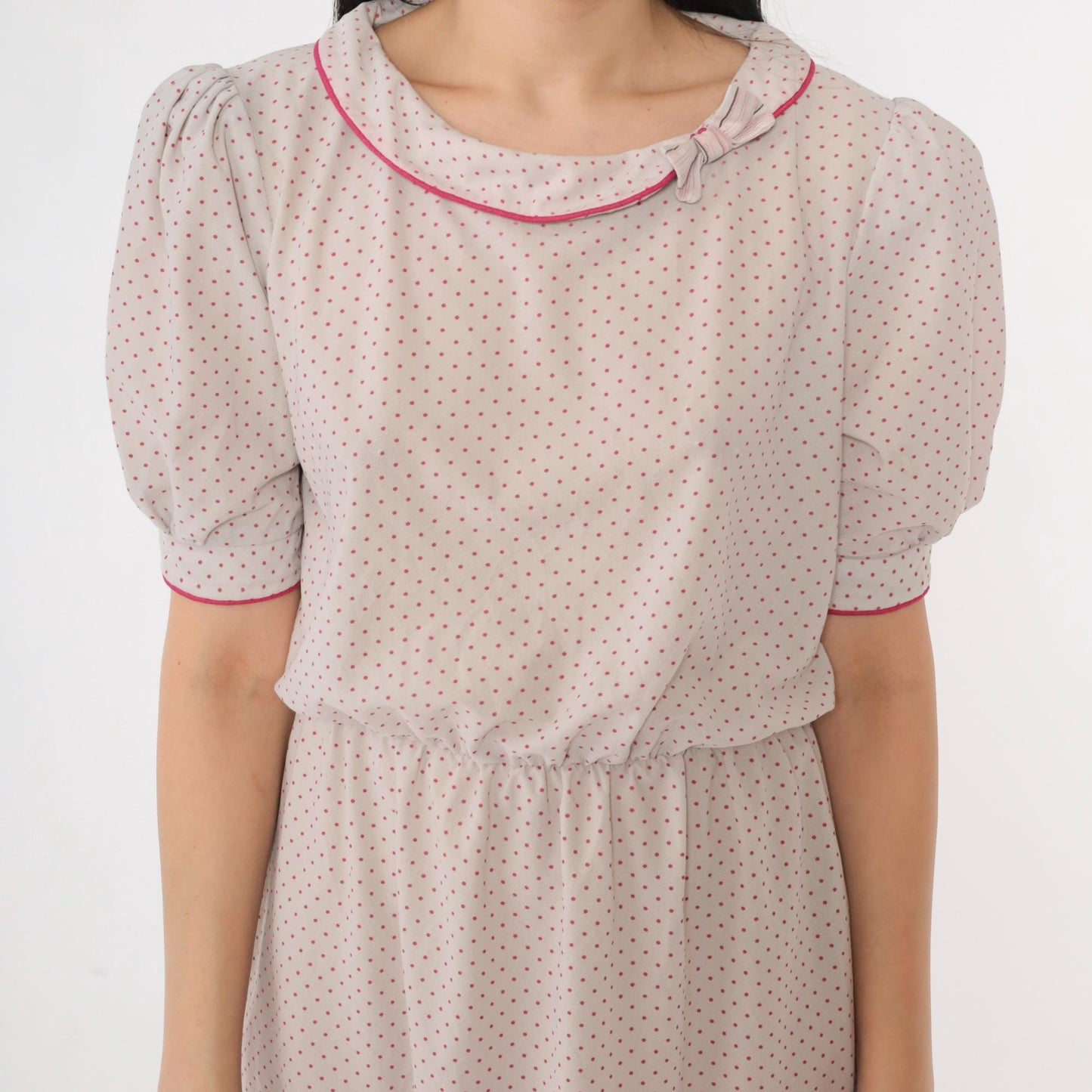 80s Grey Polka Dot Puff Sleeve Dress Pink Bow Collar High Waist Small