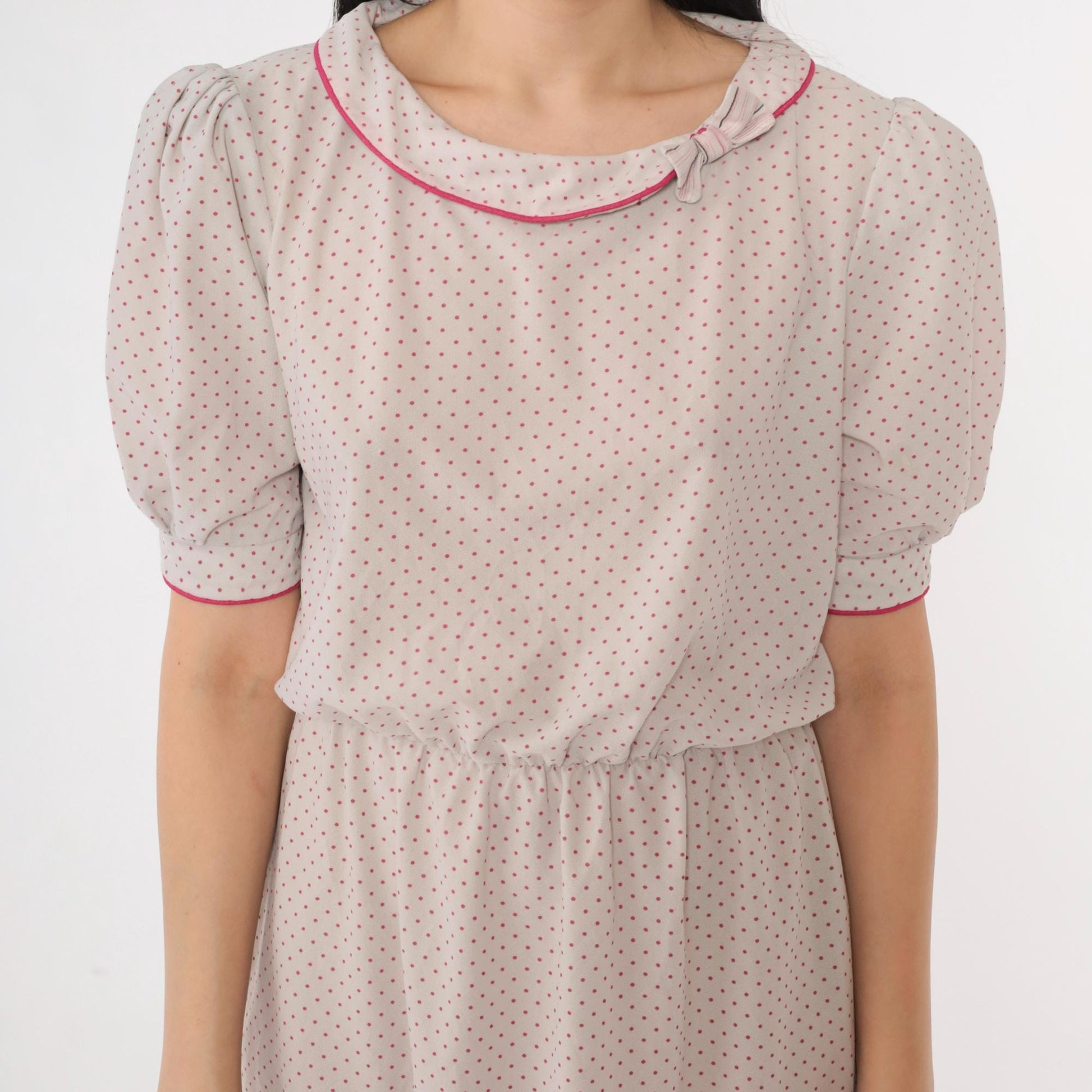 80s Grey Polka Dot Puff Sleeve Dress Pink Bow Collar High Waist Small