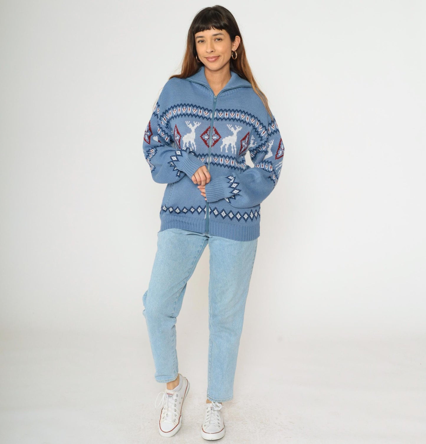 Y2K Fair Isle Reindeer Cardigan Blue Nordic Zip Knit Small S