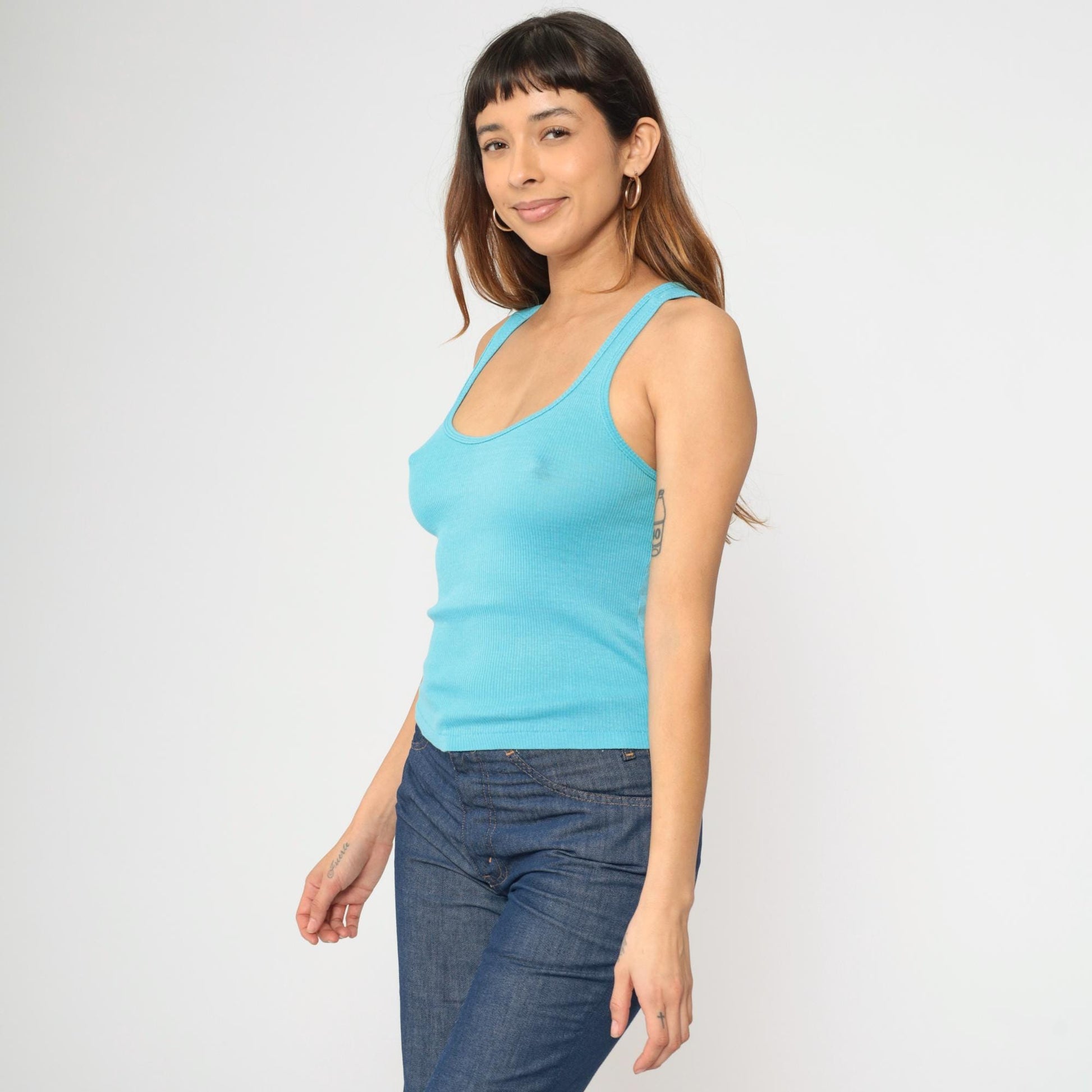 80s Bright Blue Racerback Tank Top Scoop Neck Single Stitch Small