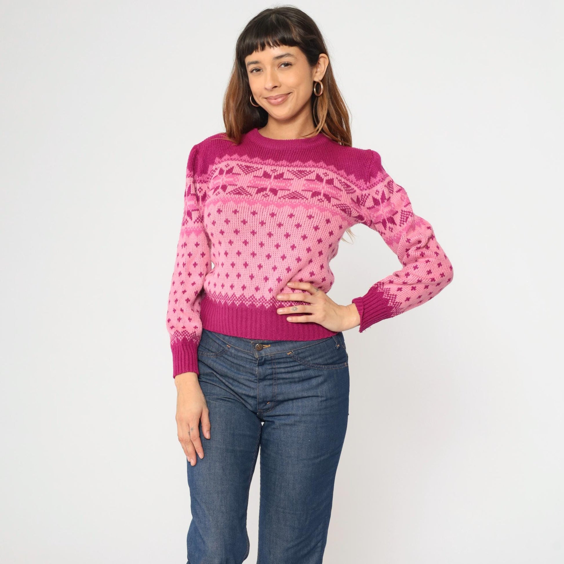 80s Pink Fair Isle Puff Sleeve Sweater Nordic Knit Small