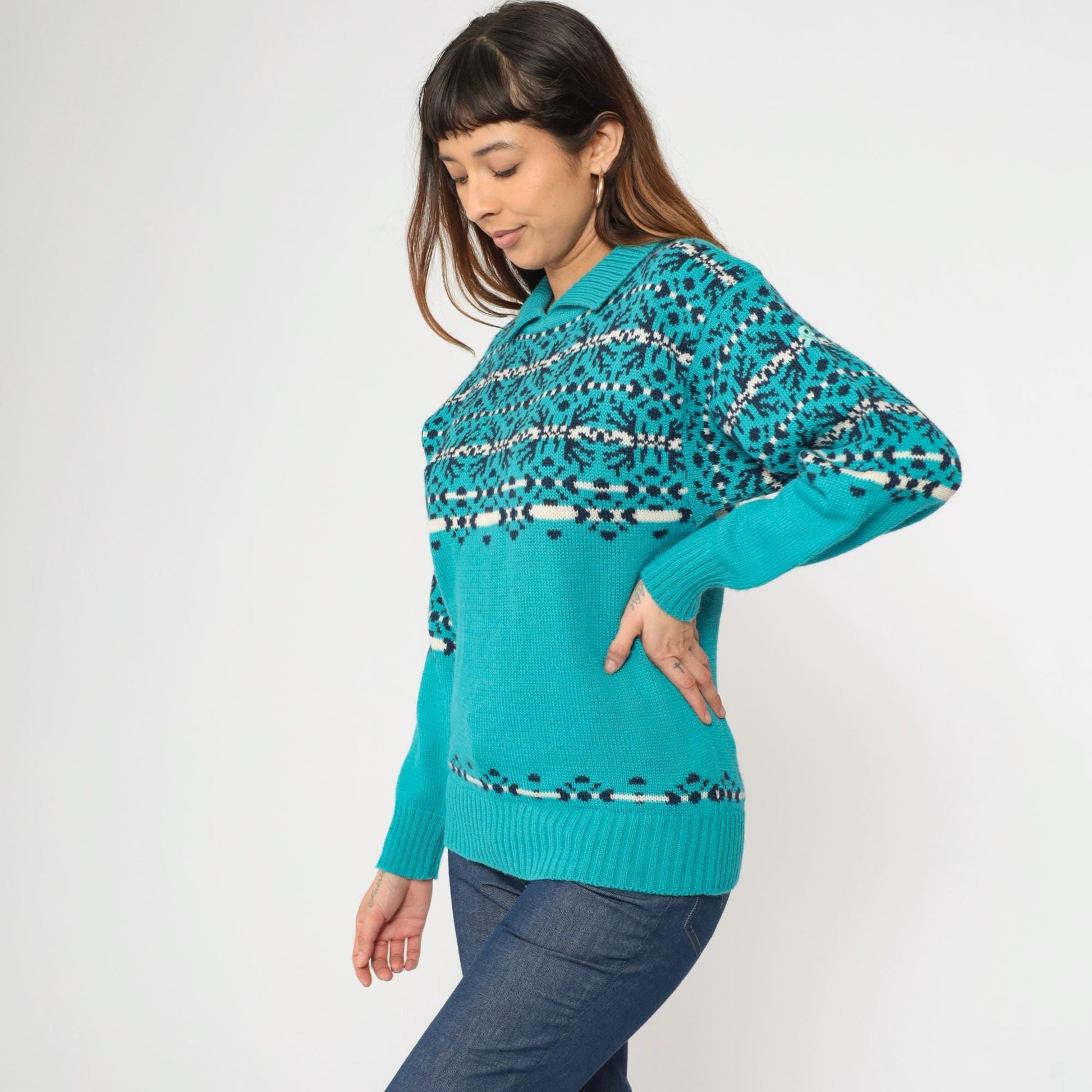 80s Demetre Wool Nordic Fair Isle Ski Sweater Turquoise Small