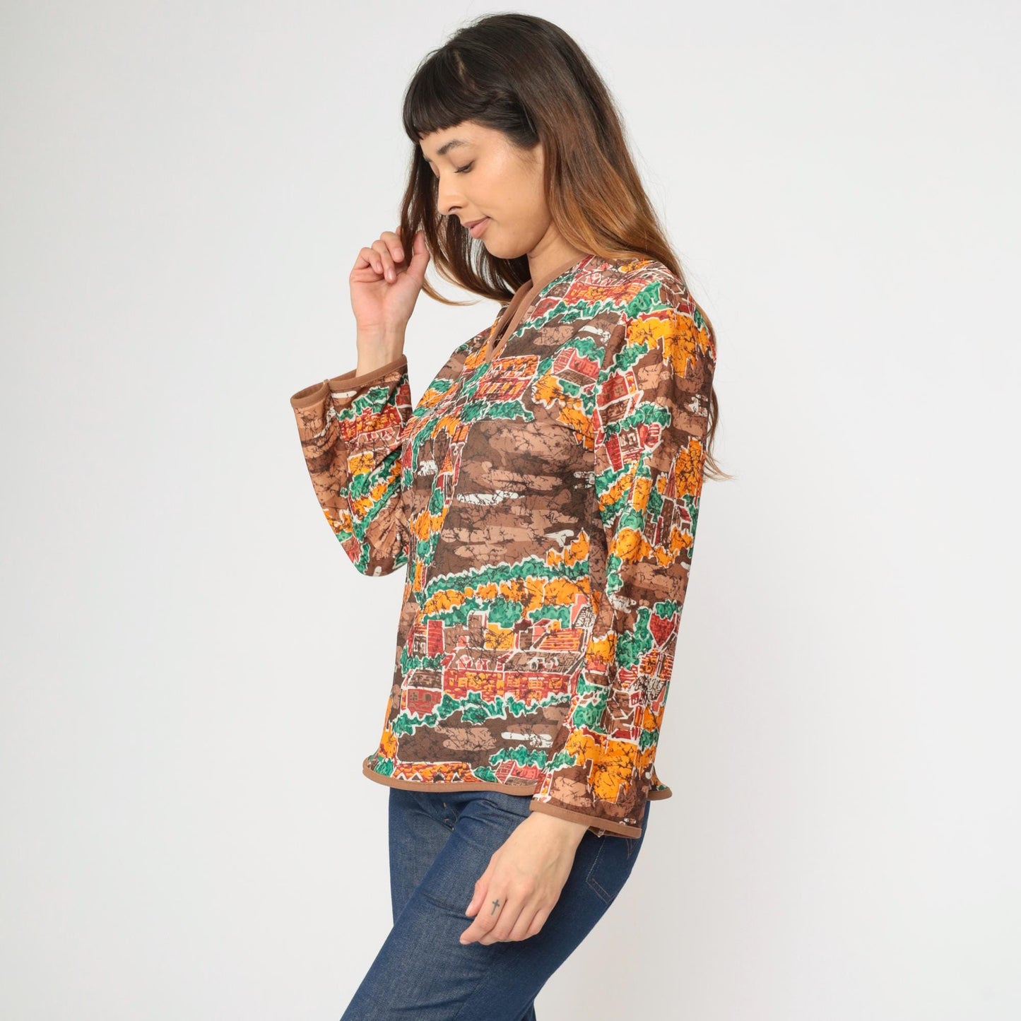 70s Village Print Shirt Brown Slit Neck Long Sleeve Blouse Medium M
