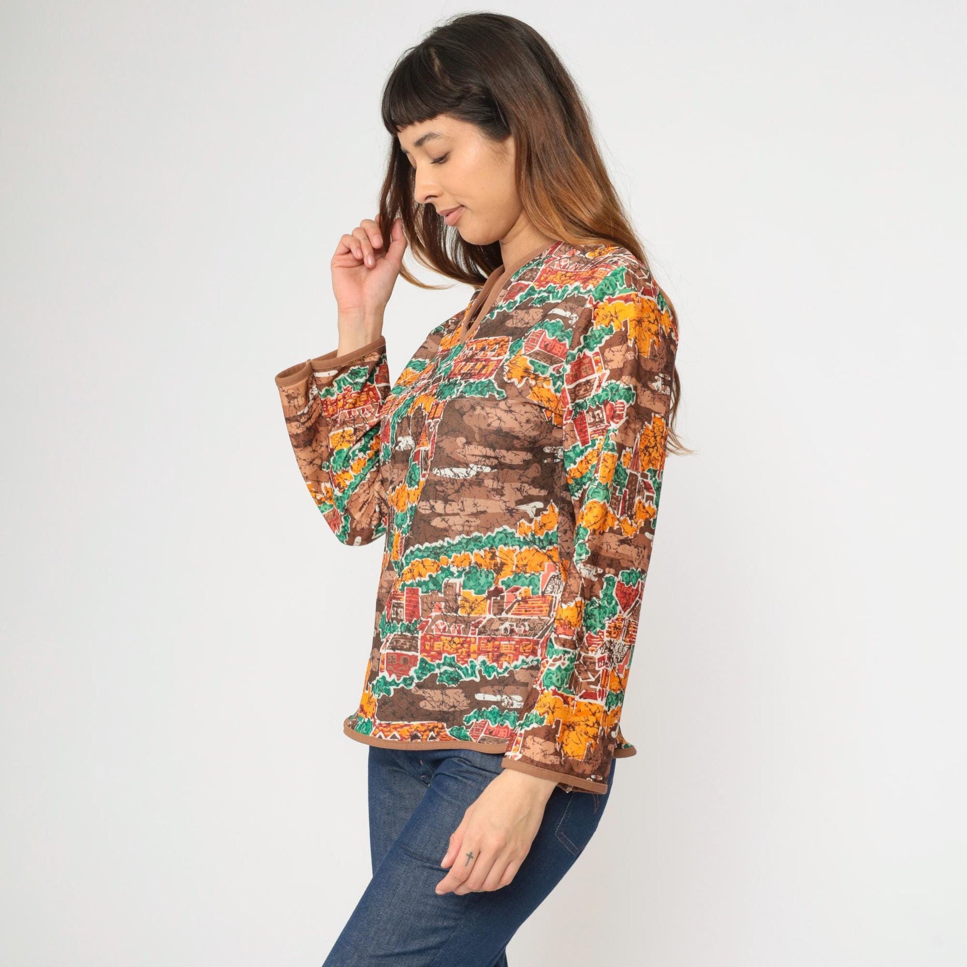 70s Village Print Shirt Brown Slit Neck Long Sleeve Blouse Medium M