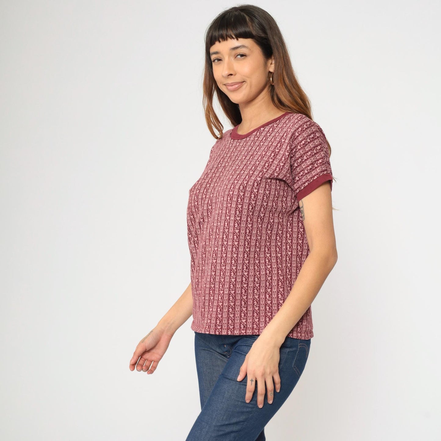 80s Scandinavian Folk Stripe Knit Tee Maroon Pink Heart Ringer Large L