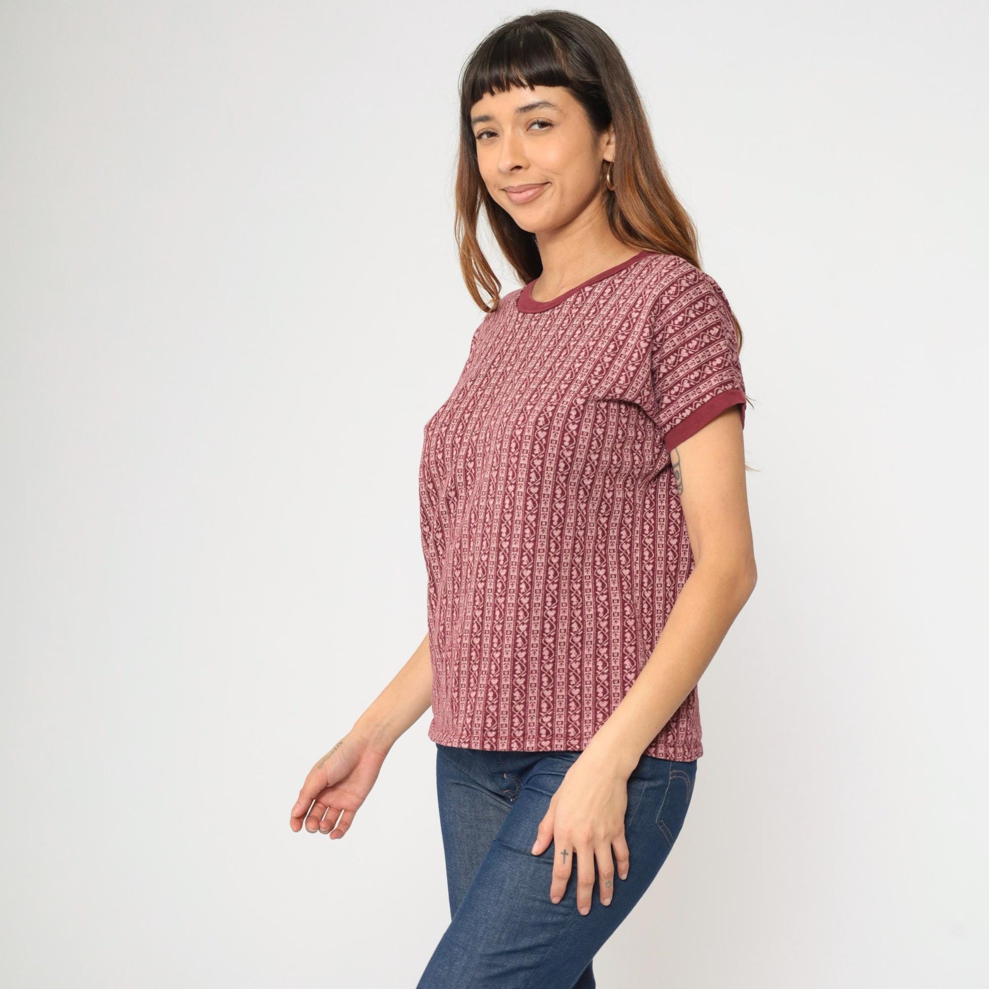80s Scandinavian Folk Stripe Knit Tee Maroon Pink Heart Ringer Large L