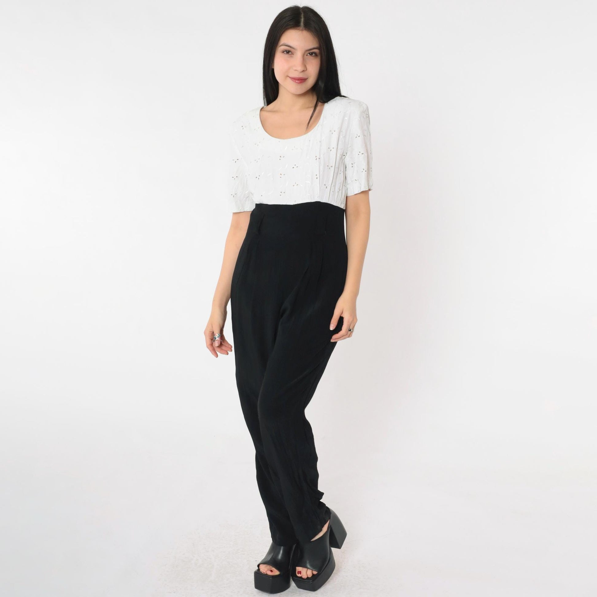 80s Black White Eyelet Lace Jumpsuit Scoop Neck High Waist Small