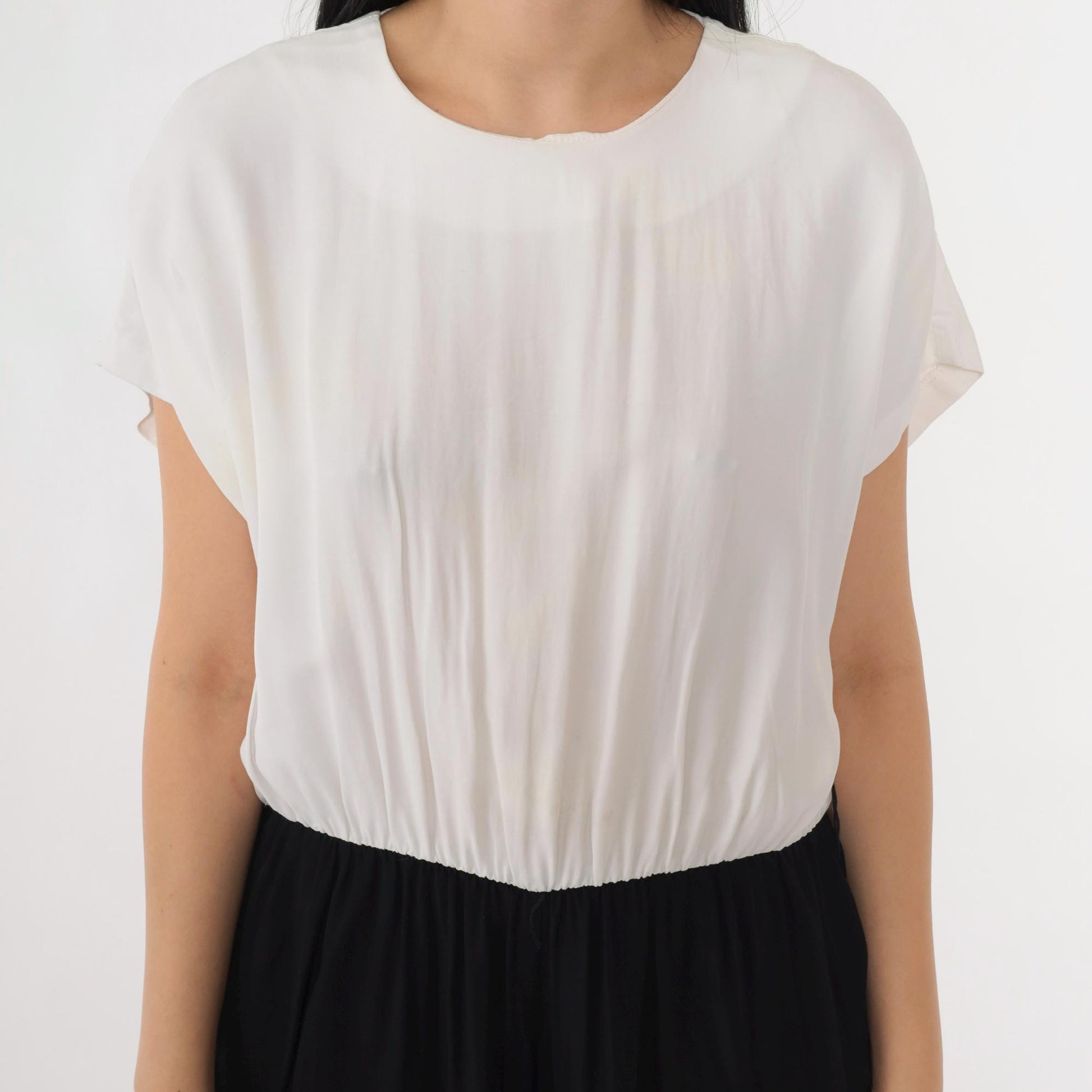 80s Black & White Two-Tone Romper Playsuit Short Sleeve Elastic Waist Large Petite