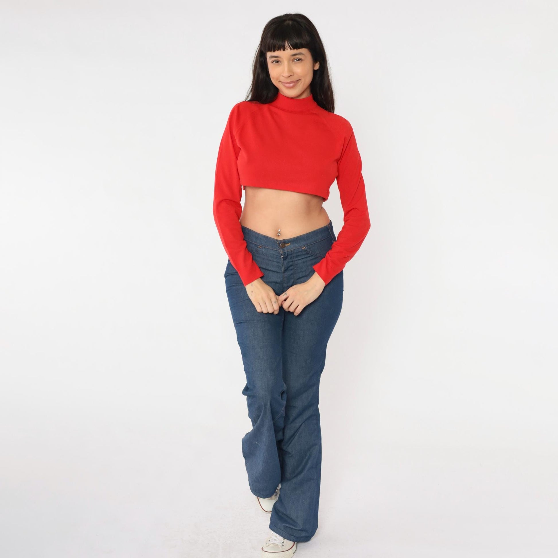 70s Red Crop Top Mock Neck Long Sleeve Nylon Knit Medium