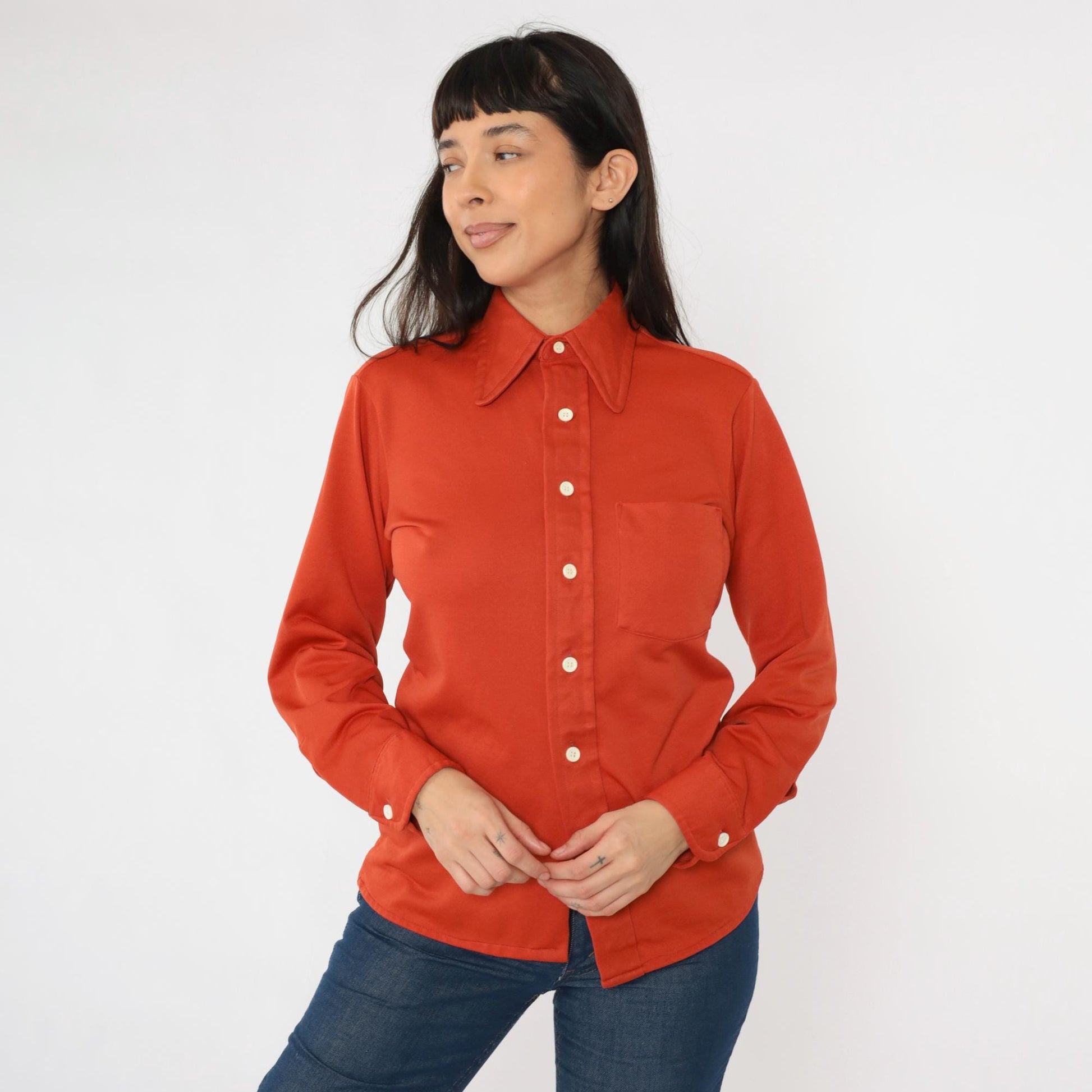 70s Rust Orange Dagger Collar Button-Up Shirt Men's Small