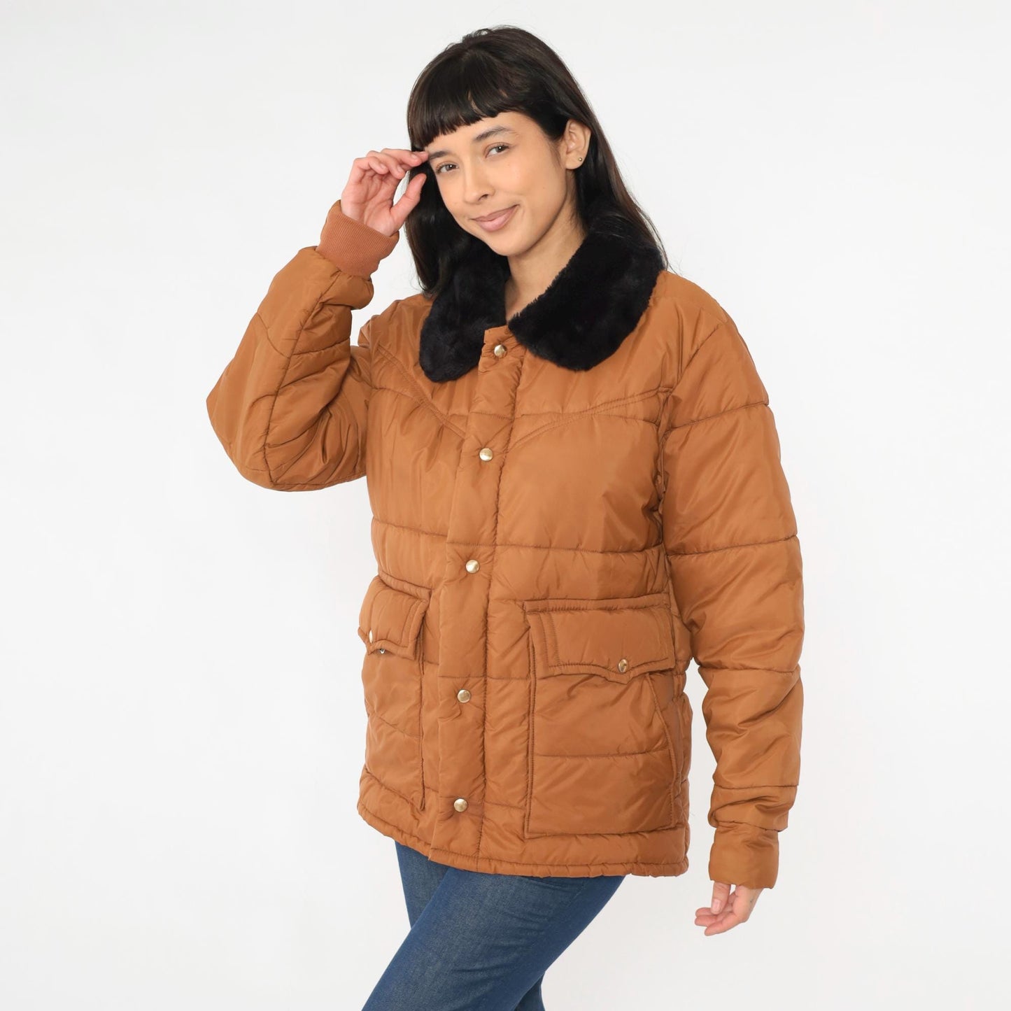 1970s Walls Blizzard Pruf Puffer Ski Jacket Brown Faux Fur Collar Large L