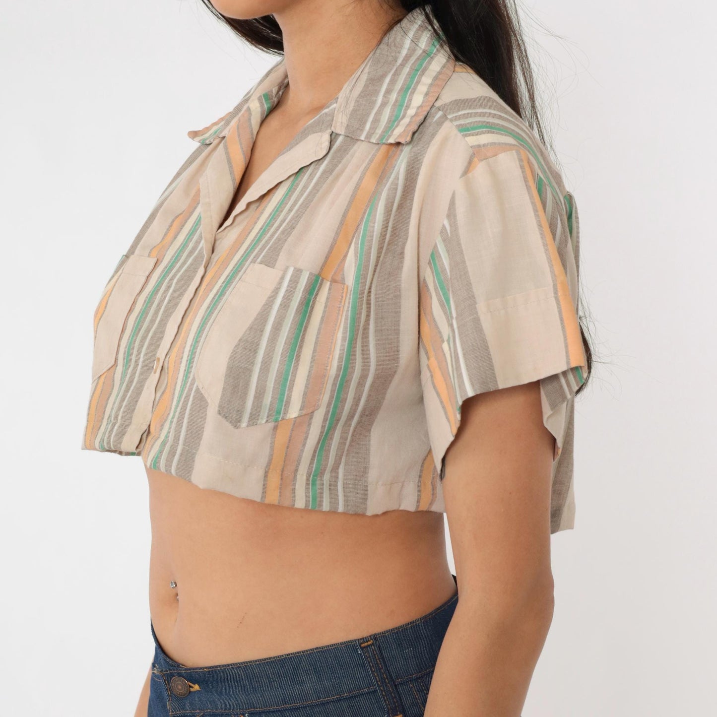 70s Striped Crop Blouse Tan Orange Green Button-Up Shirt Small Medium