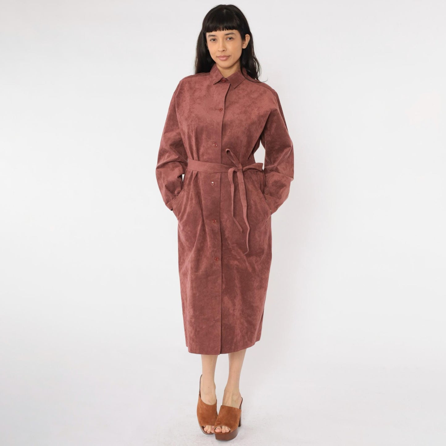 70s Halston Ultrasuede Trench Jacket Burnt Rose Belted Midi Large