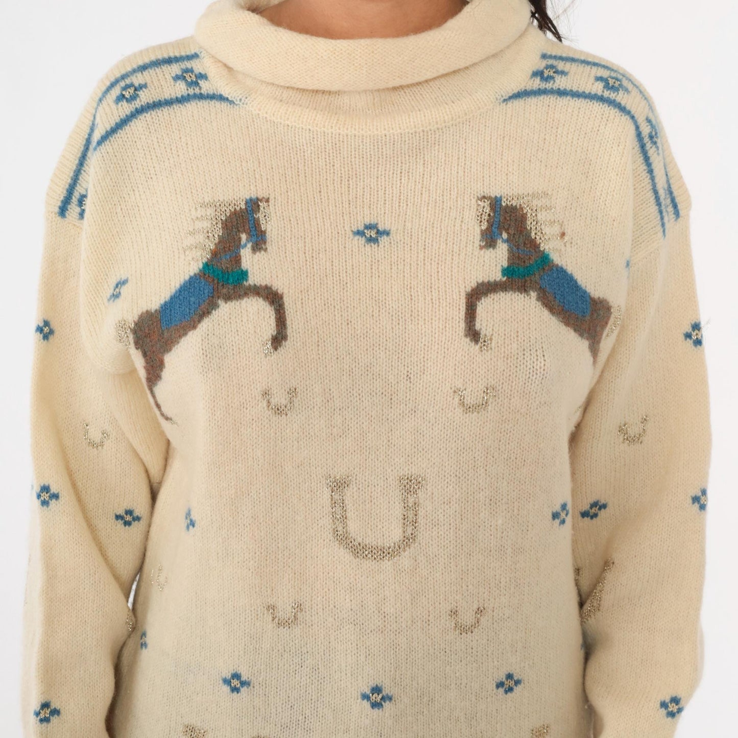 80s Kristin for Millers Wool Horse Sweater Cream Mock Neck Equestrian Medium