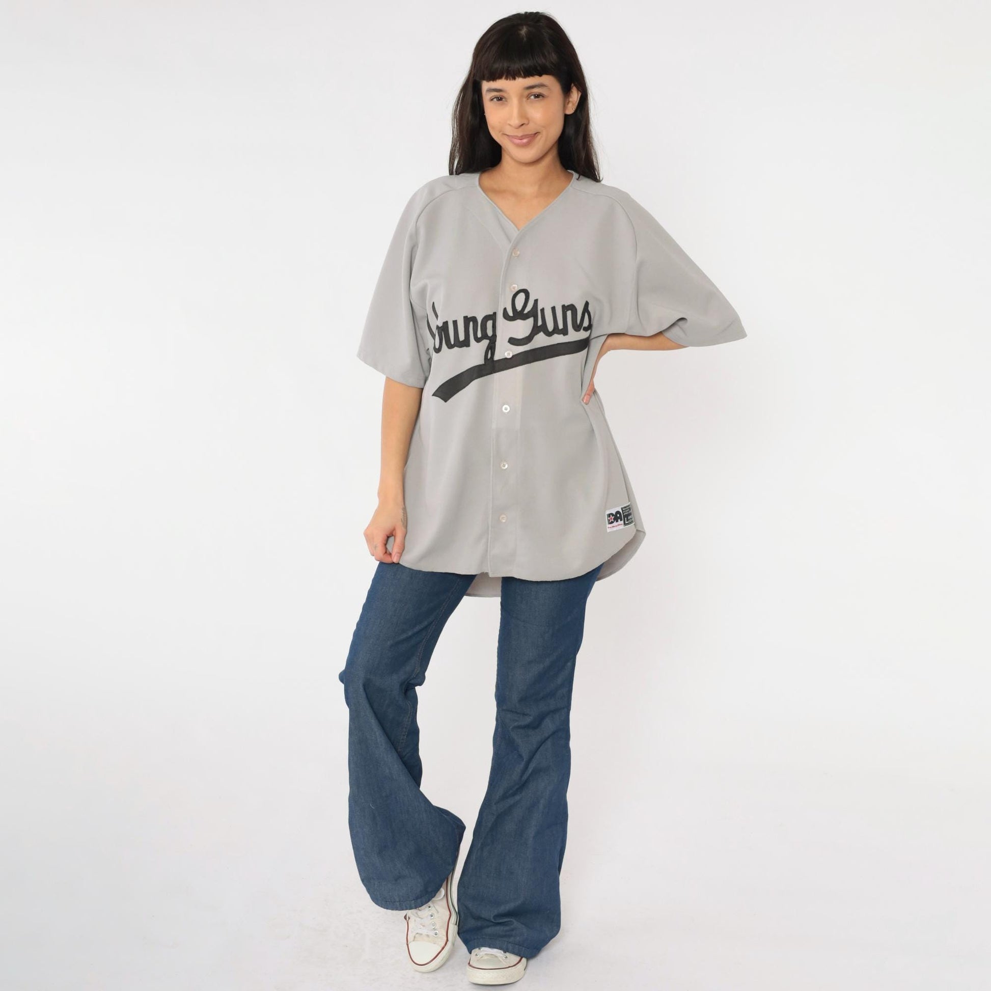 90s Young Guns Baseball Jersey Don Alleson Athletic Grey Button Up Large