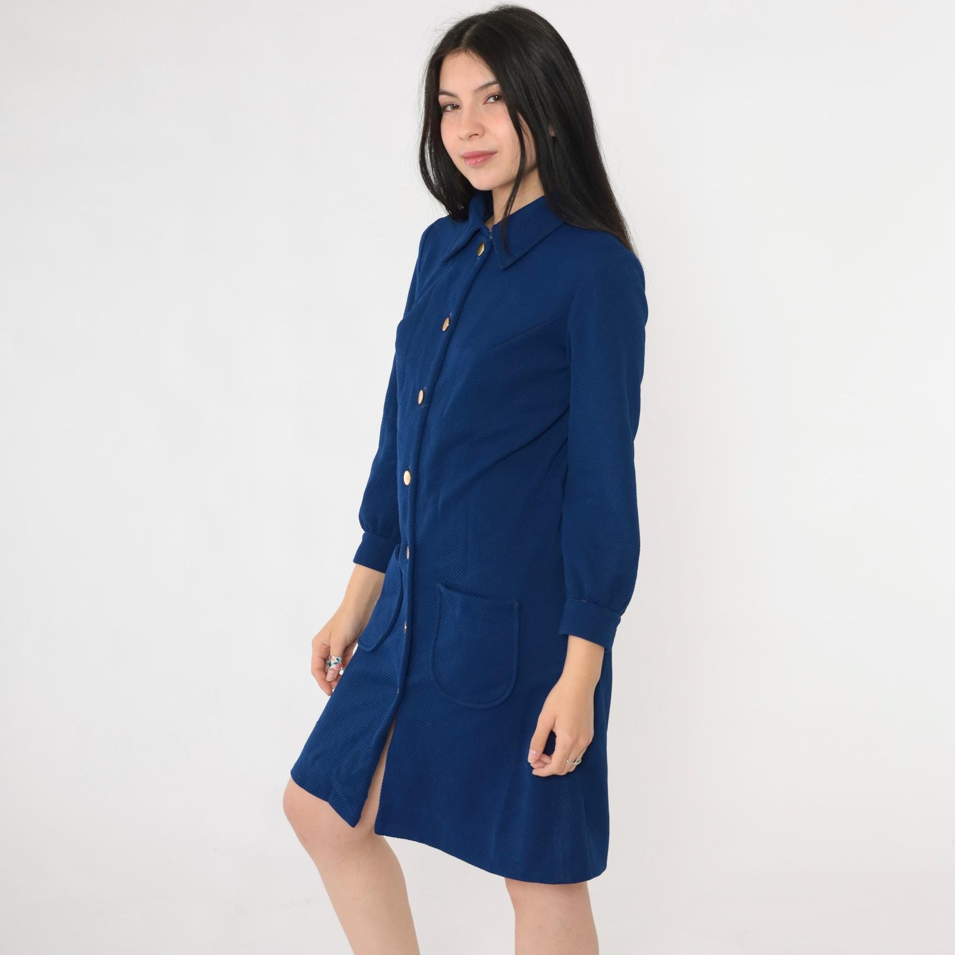 70s Mod Navy Mini Shift Dress Pointed Collar Long Sleeve Button Up Small Medium
