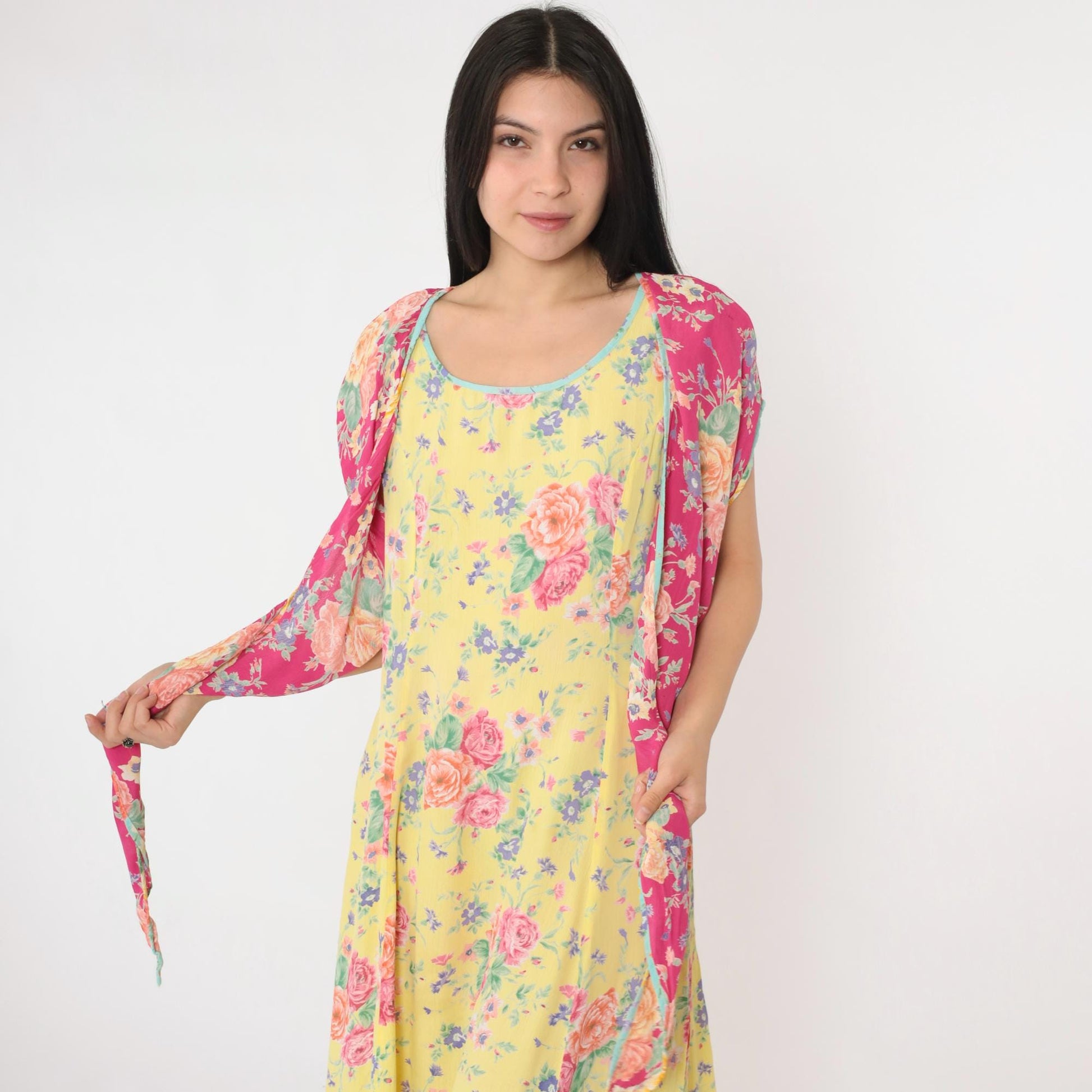90s Bila Floral Maxi Dress Yellow Pink Rayon Tie Overlay Scoop Neck Large L