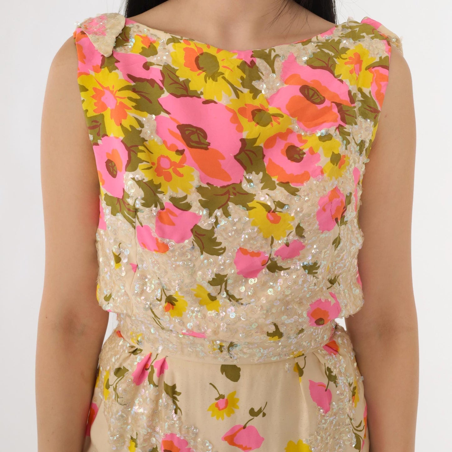60s Pat Sandler Floral Sequin Cocktail Dress Cream Pink Yellow Extra Small