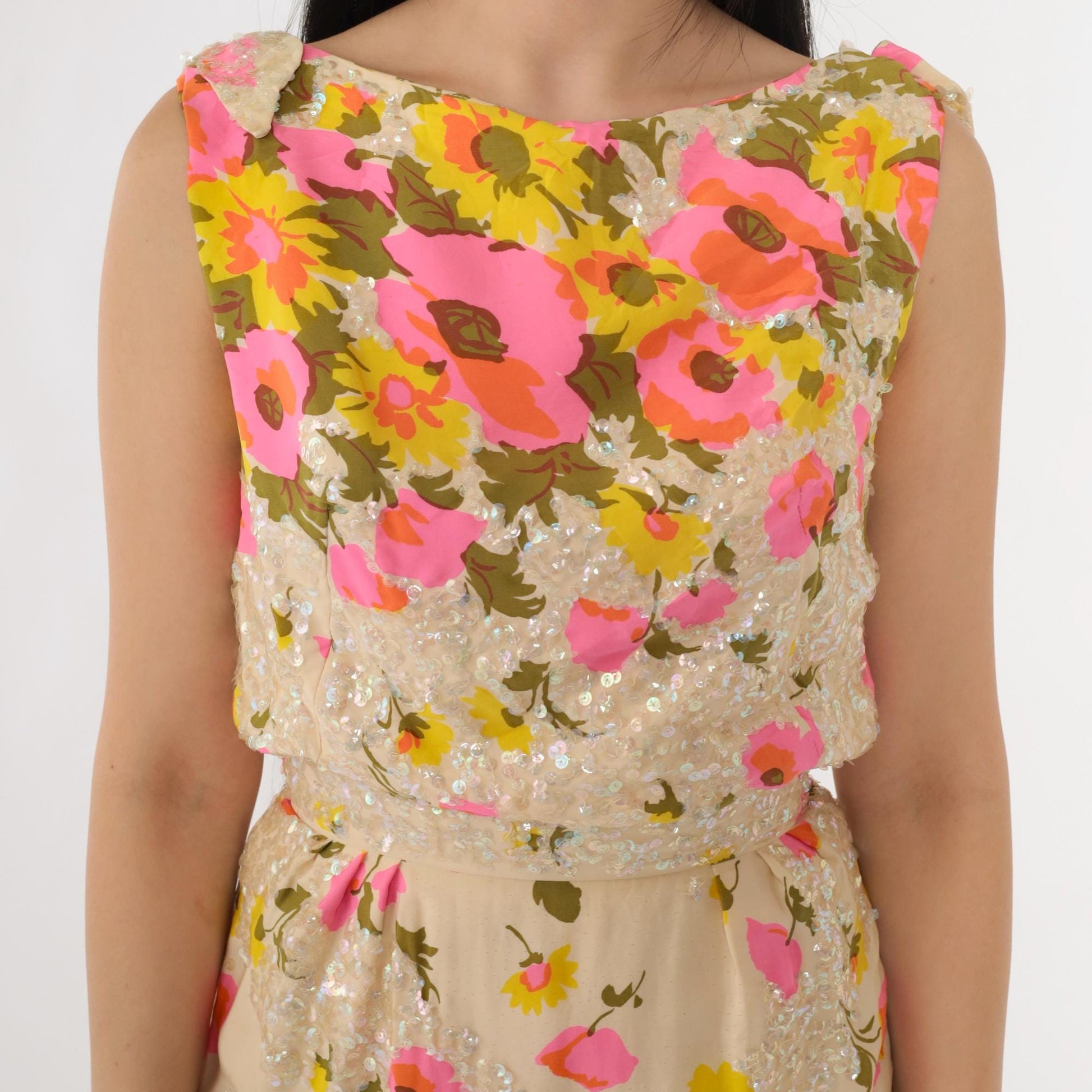 60s Pat Sandler Floral Sequin Cocktail Dress Cream Pink Yellow Extra Small