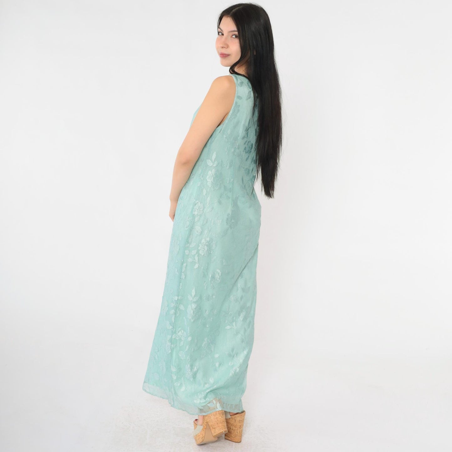 90s Seafoam Net Lace Maxi Dress Floral Embroidered Scoop Neck Small