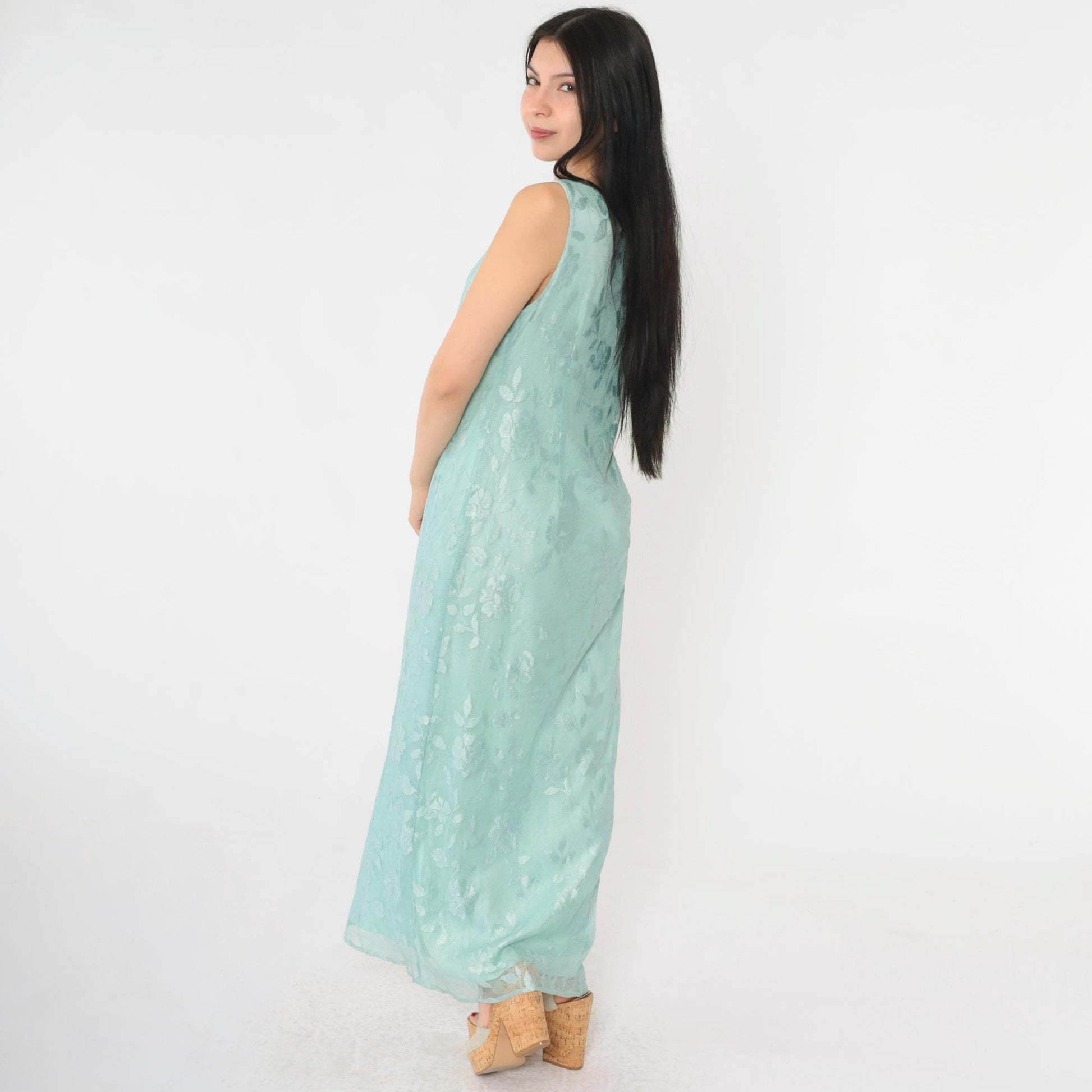 90s Seafoam Net Lace Maxi Dress Floral Embroidered Scoop Neck Small